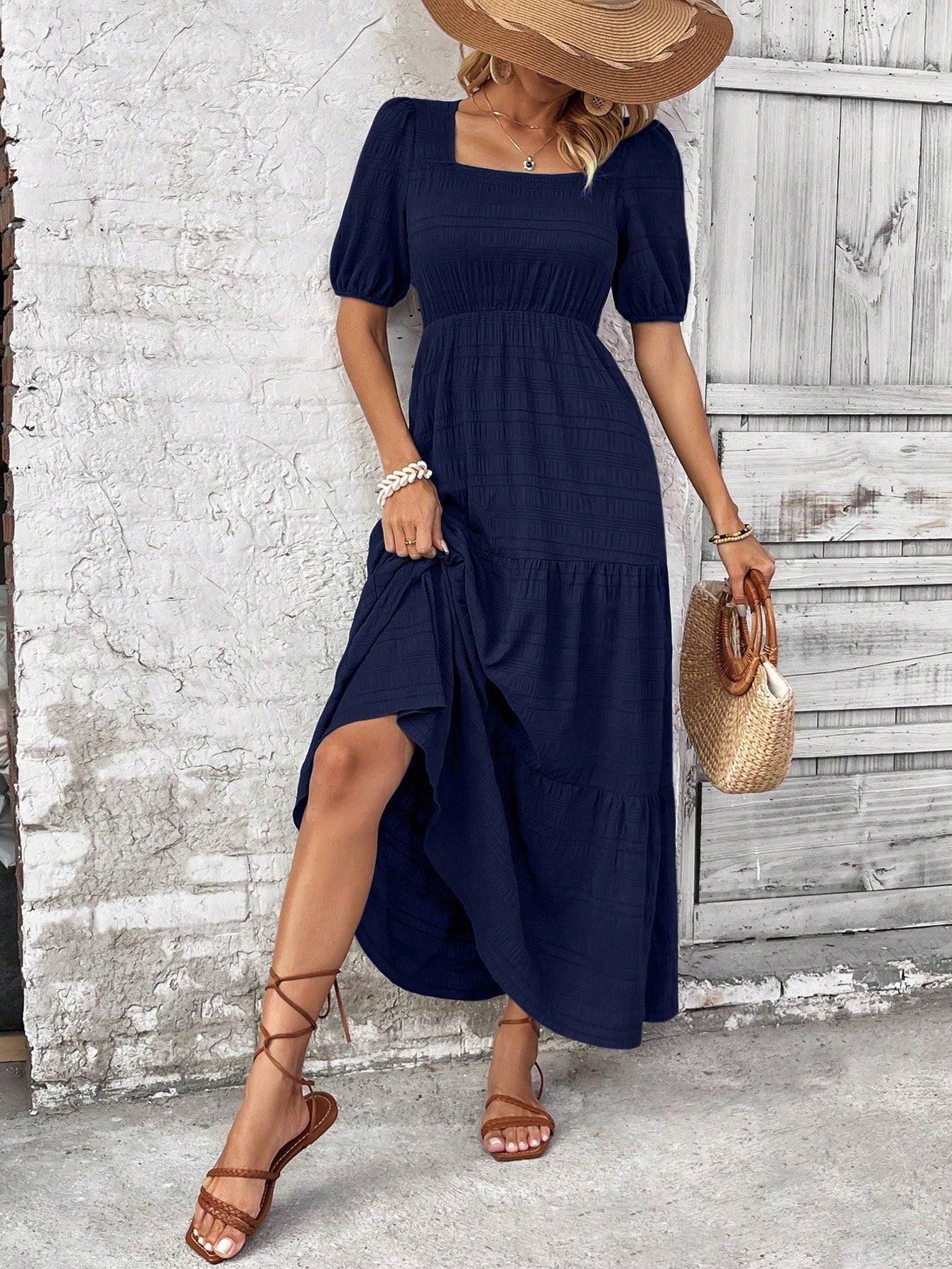 VCAY Square Neck Puff Sleeve Ruffle Hem Longline Dress