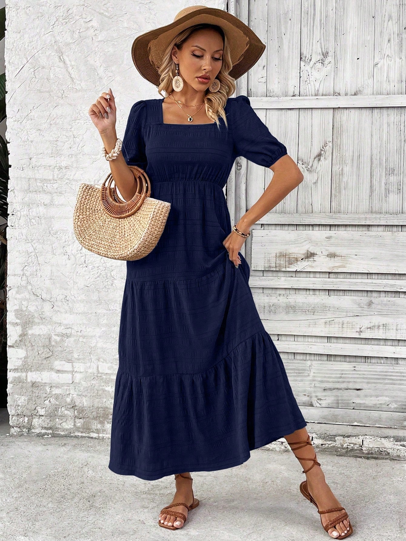 VCAY Square Neck Puff Sleeve Ruffle Hem Longline Dress