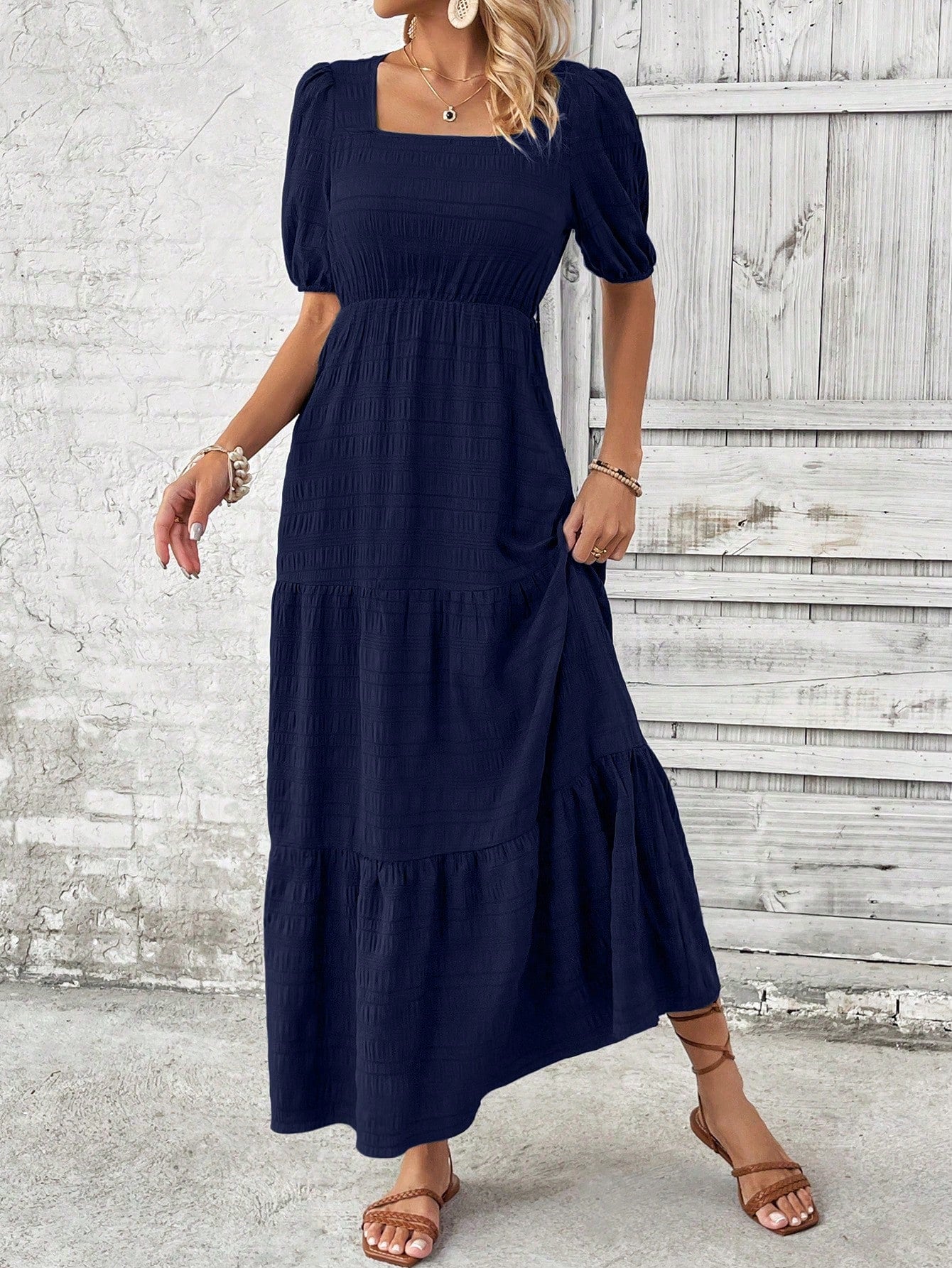 VCAY Square Neck Puff Sleeve Ruffle Hem Longline Dress