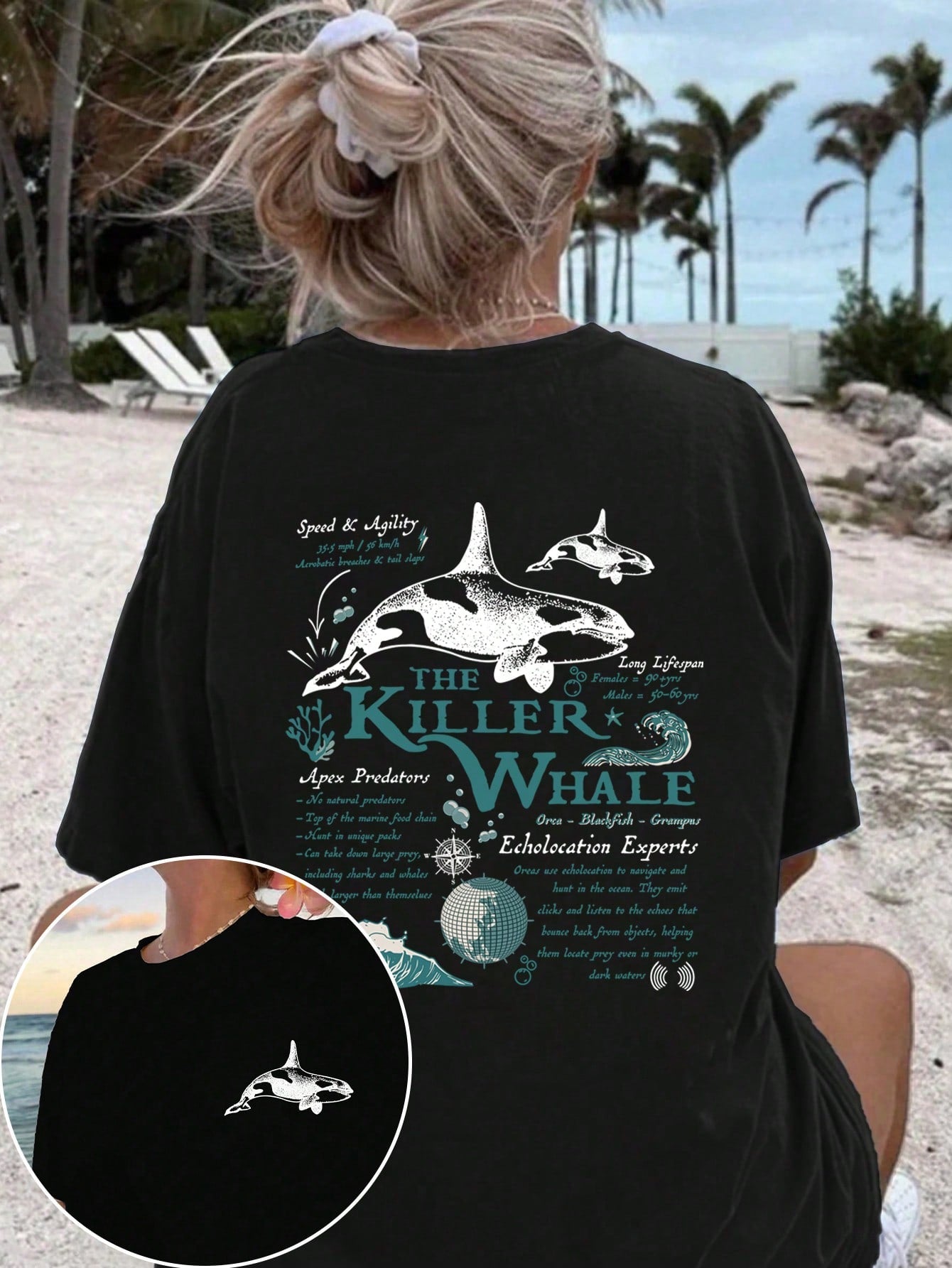 EZwear Loose Fit Graphic T-Shirt With Ocean Life Whale Print, Summer Round Neck Tee THE KILLER WHALE