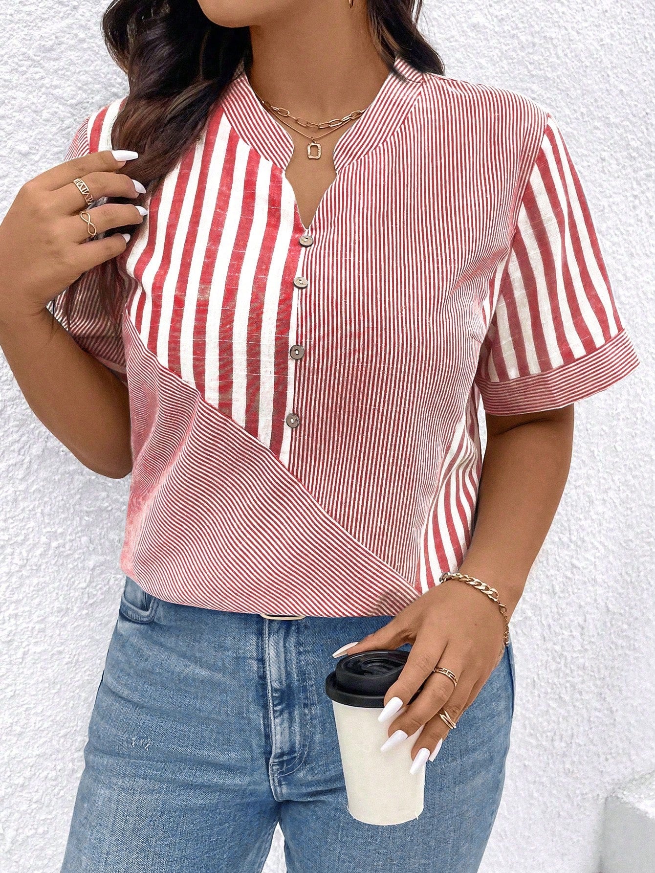 LUNE Plus Size Women Vertical Striped Notched Collar Summer Shirt