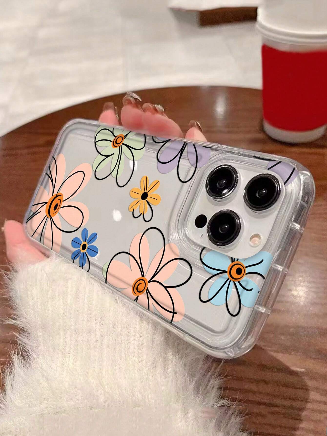 1pc Transparent Protective Case With Big Hole And Flower Pattern, Anti-Shock Airbag And Print Design Compatible With IPhone And Samsung Galaxy Models.