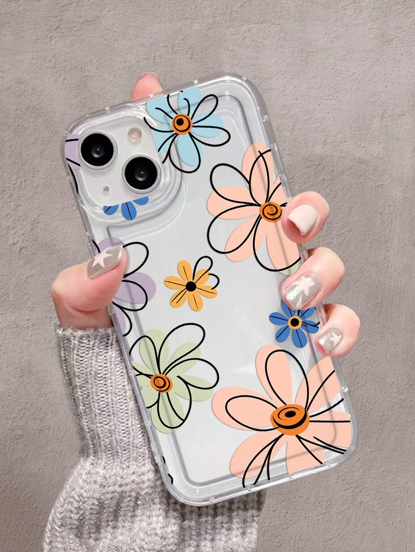 1pc Transparent Protective Case With Big Hole And Flower Pattern, Anti-Shock Airbag And Print Design Compatible With IPhone And Samsung Galaxy Models.