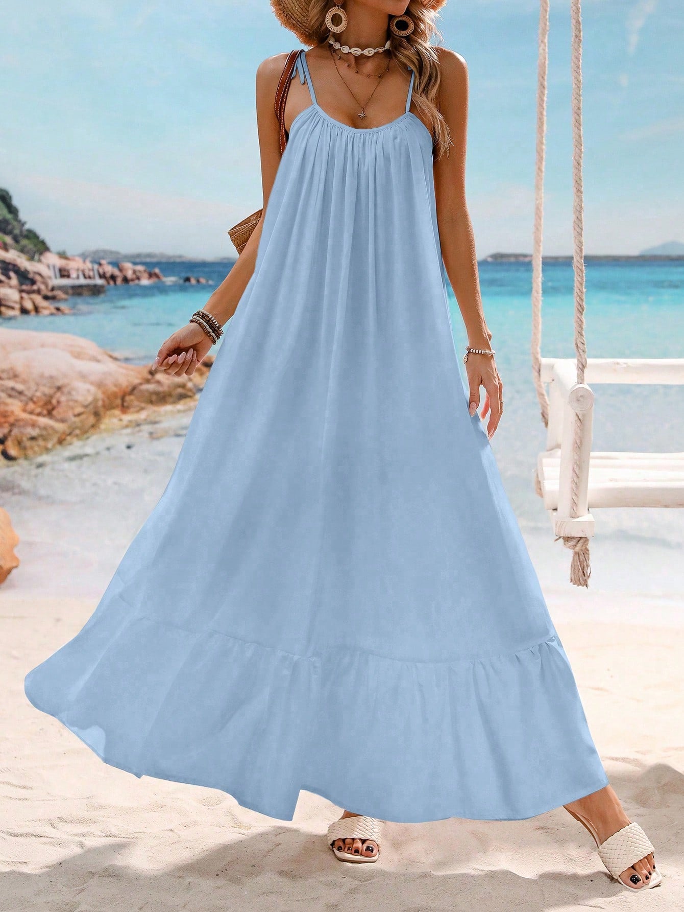 Holidaya Solid Color Ruched Maxi Swing Cami Dress, For Vacation