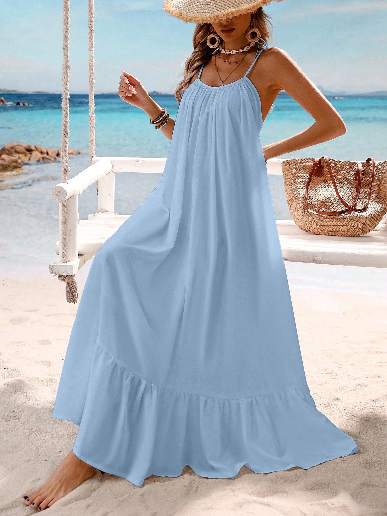 Holidaya Solid Color Ruched Maxi Swing Cami Dress, For Vacation