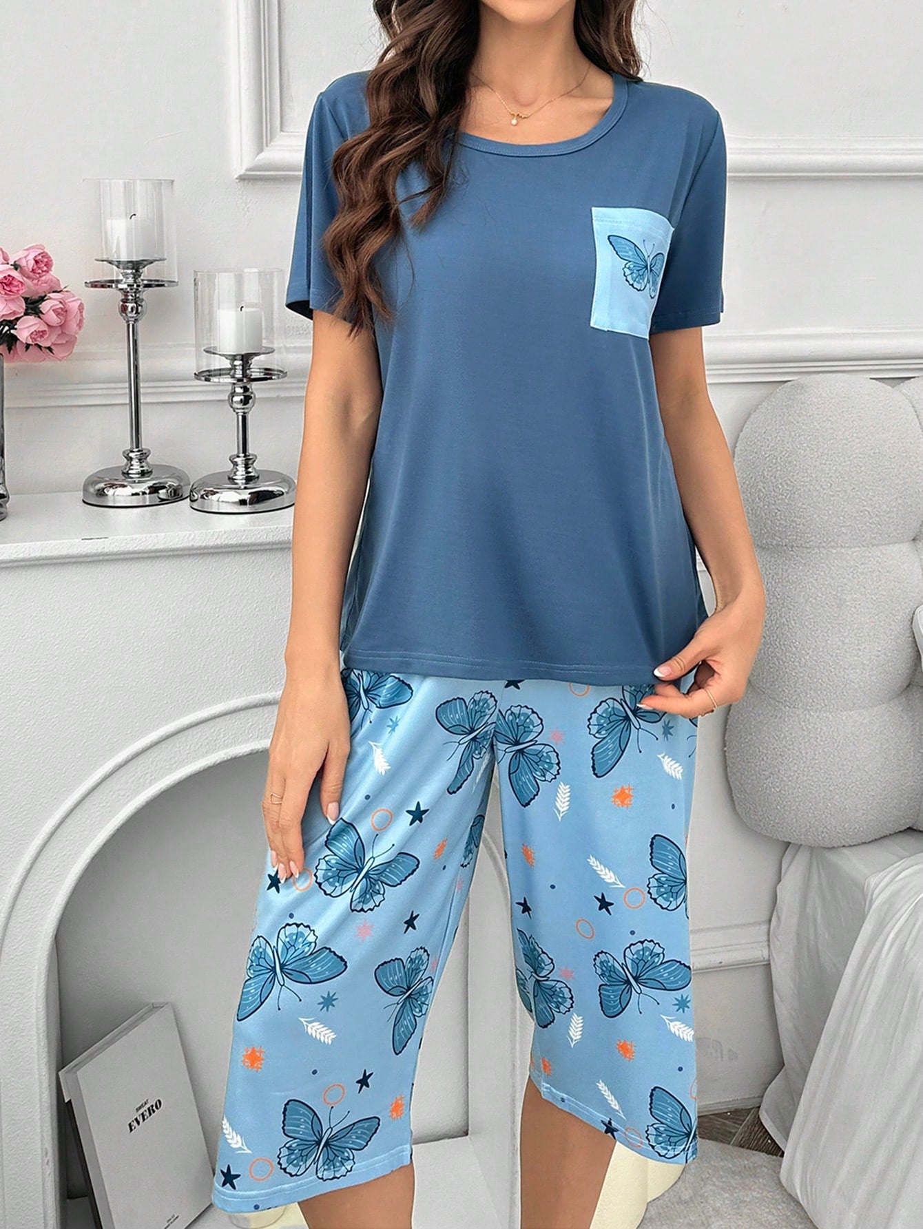 Women's Butterfly Printed Short Sleeve Shorts Pajama Set