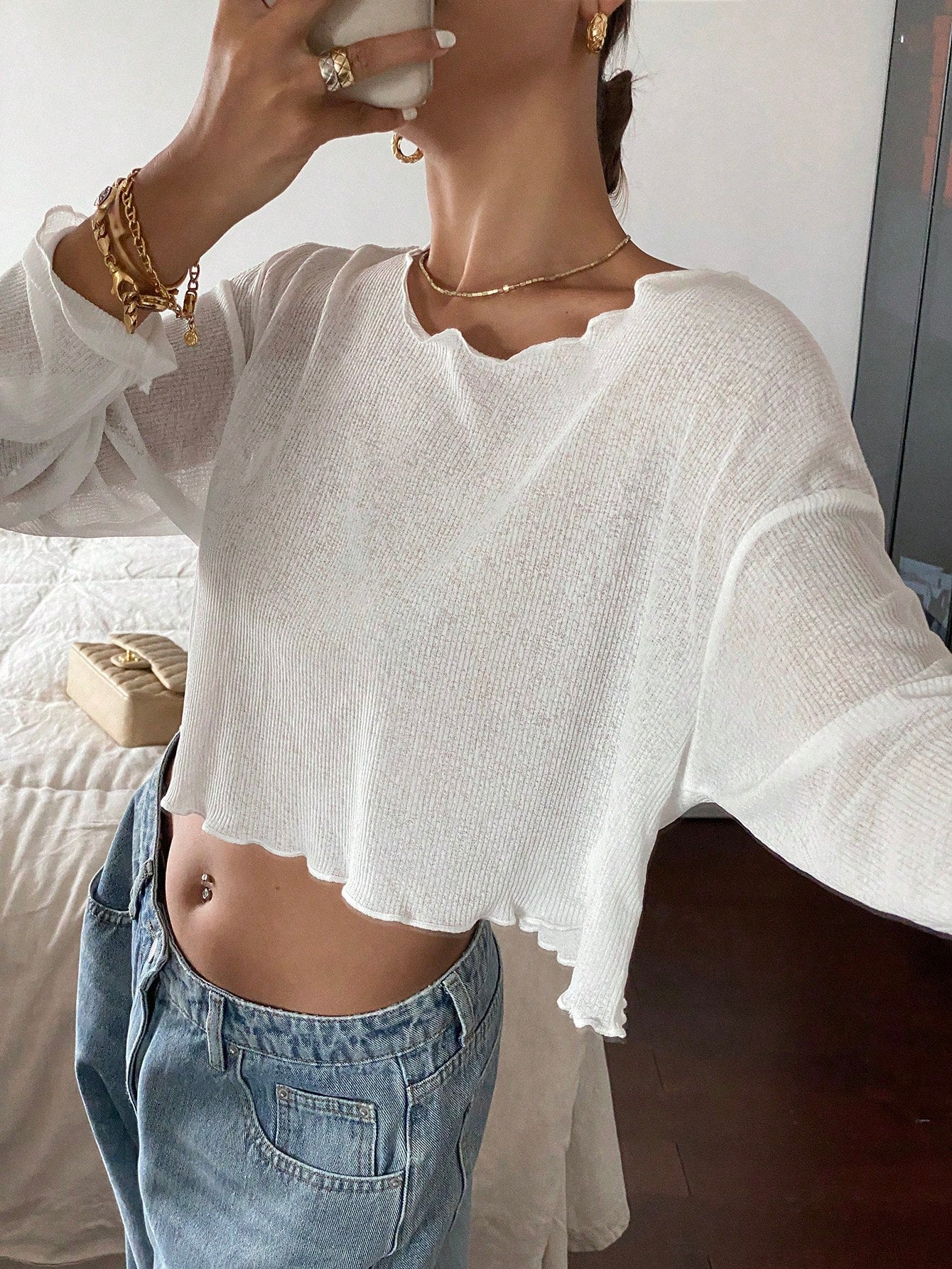 DAZY Women's Cropped Casual Top, Autumn New Arrival,Ladies Casual Lettuce Trim Drop Shoulder Round Neck Regular Fit White Plain Women Tops,Spring/Fall,Casual Daily Wear