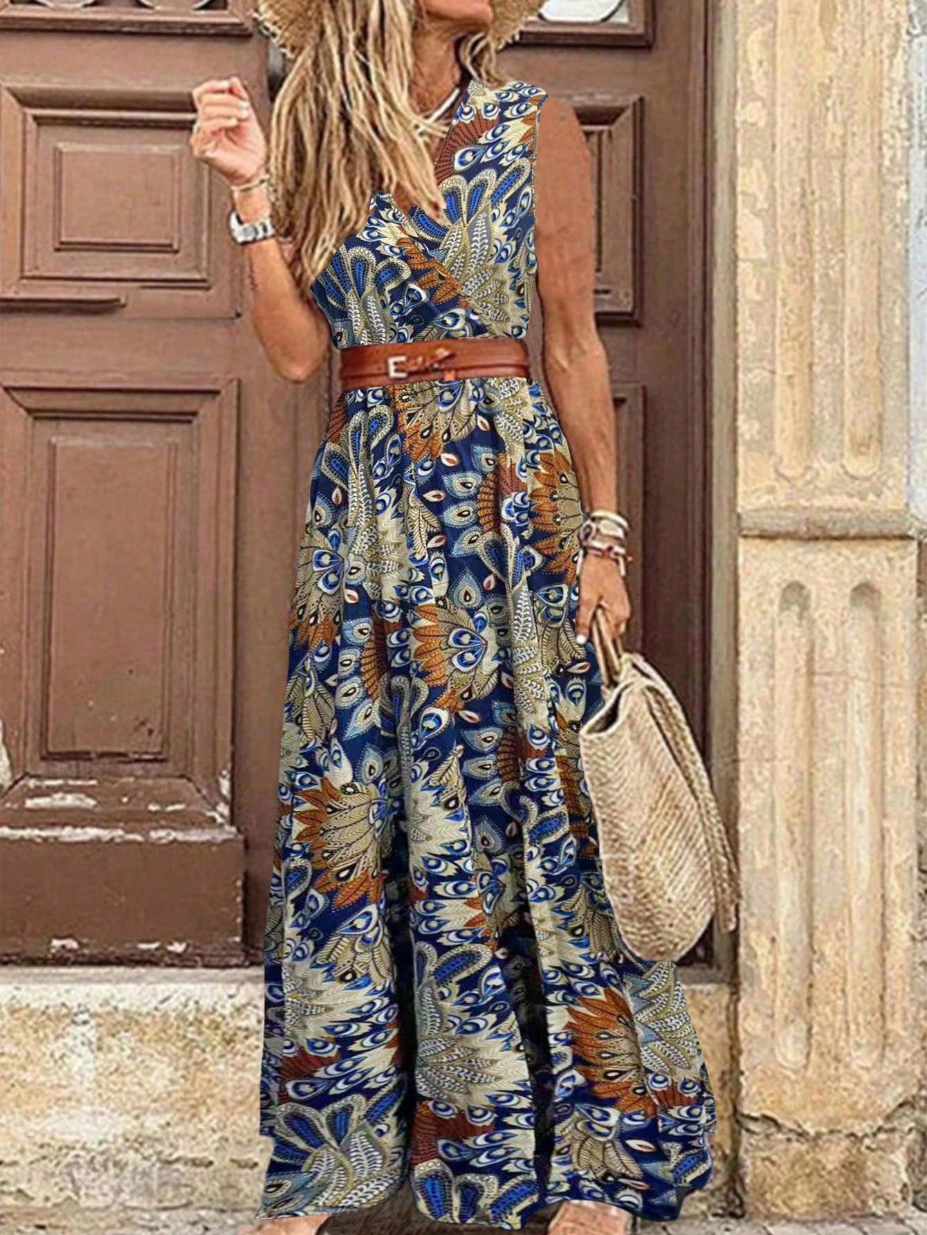 LUNE V-Neck Wrap Front All-Over Print Tank Dress