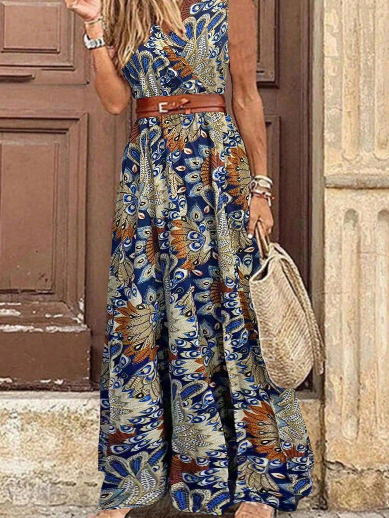 LUNE V-Neck Wrap Front All-Over Print Tank Dress