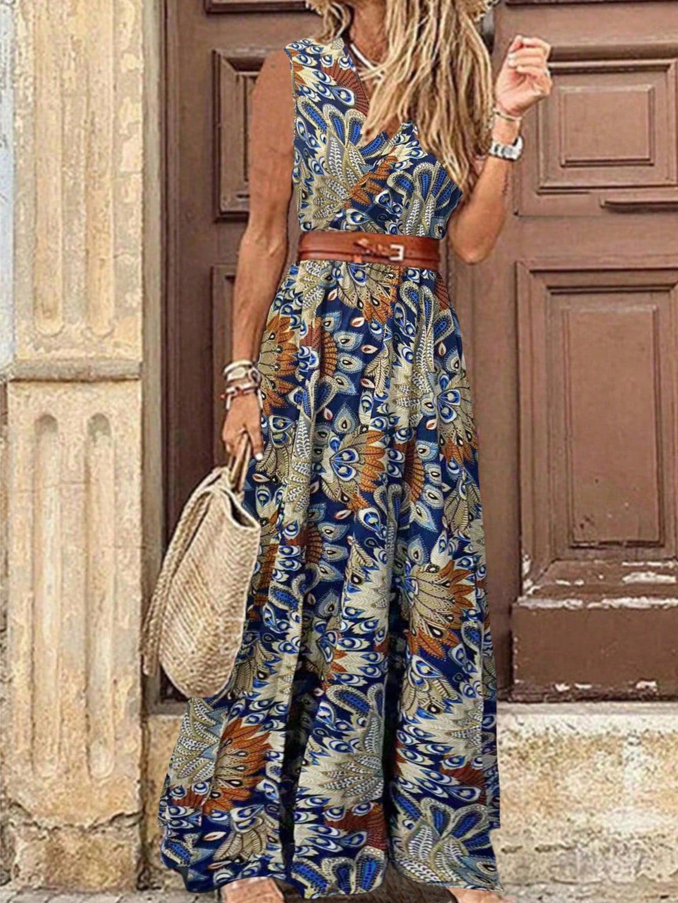 LUNE V-Neck Wrap Front All-Over Print Tank Dress