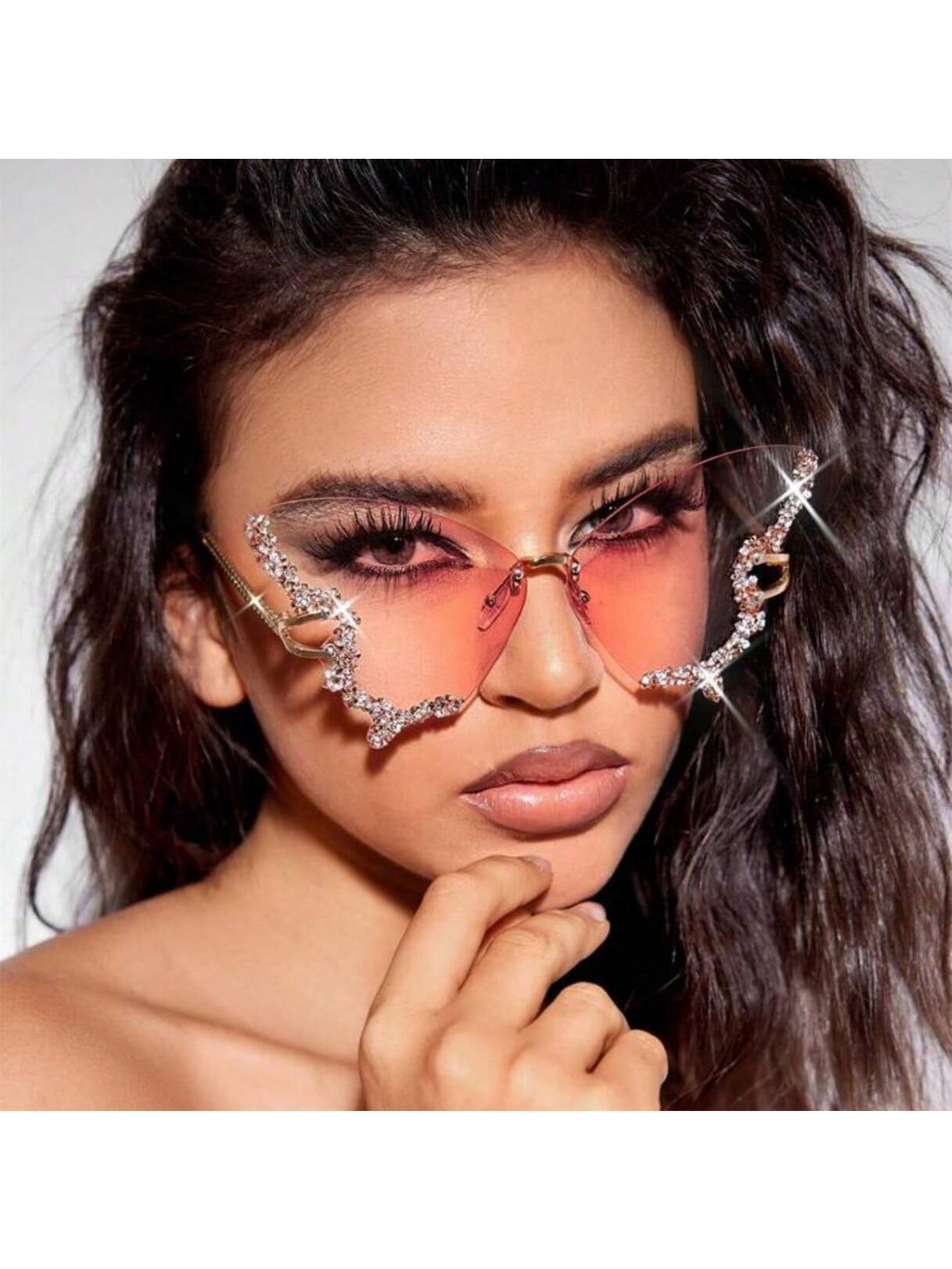 New Luxury Rhinestone Butterfly Fashion Glasses For Women And Men Y2K Sparkling Rhinestone Rimless Fashion Glasses Beach Accessories For Women Glasses Shades Trendy Basics Fall Winter Women Outfits Clothes Business Casual Gifts