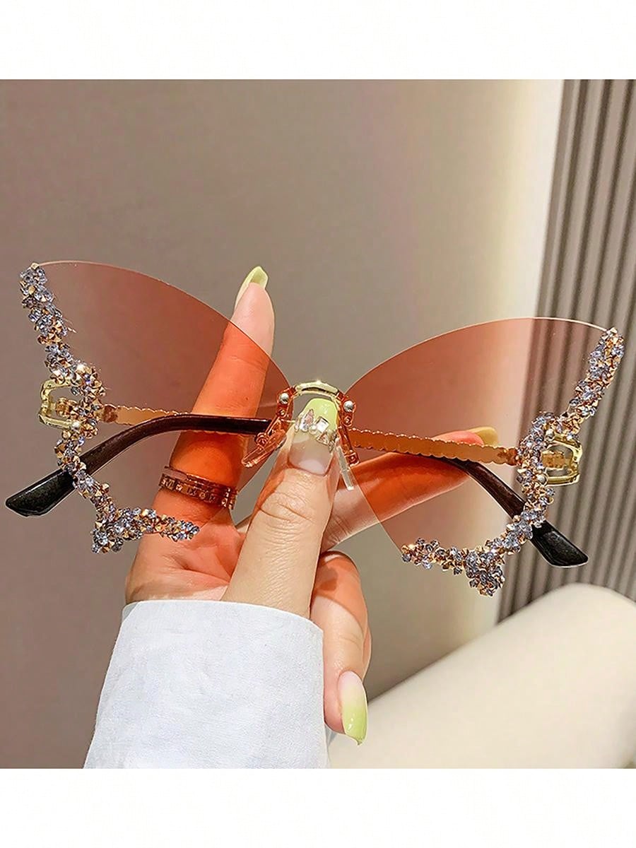 New Luxury Rhinestone Butterfly Fashion Glasses For Women And Men Y2K Sparkling Rhinestone Rimless Fashion Glasses Beach Accessories For Women Glasses Shades Trendy Basics Fall Winter Women Outfits Clothes Business Casual Gifts