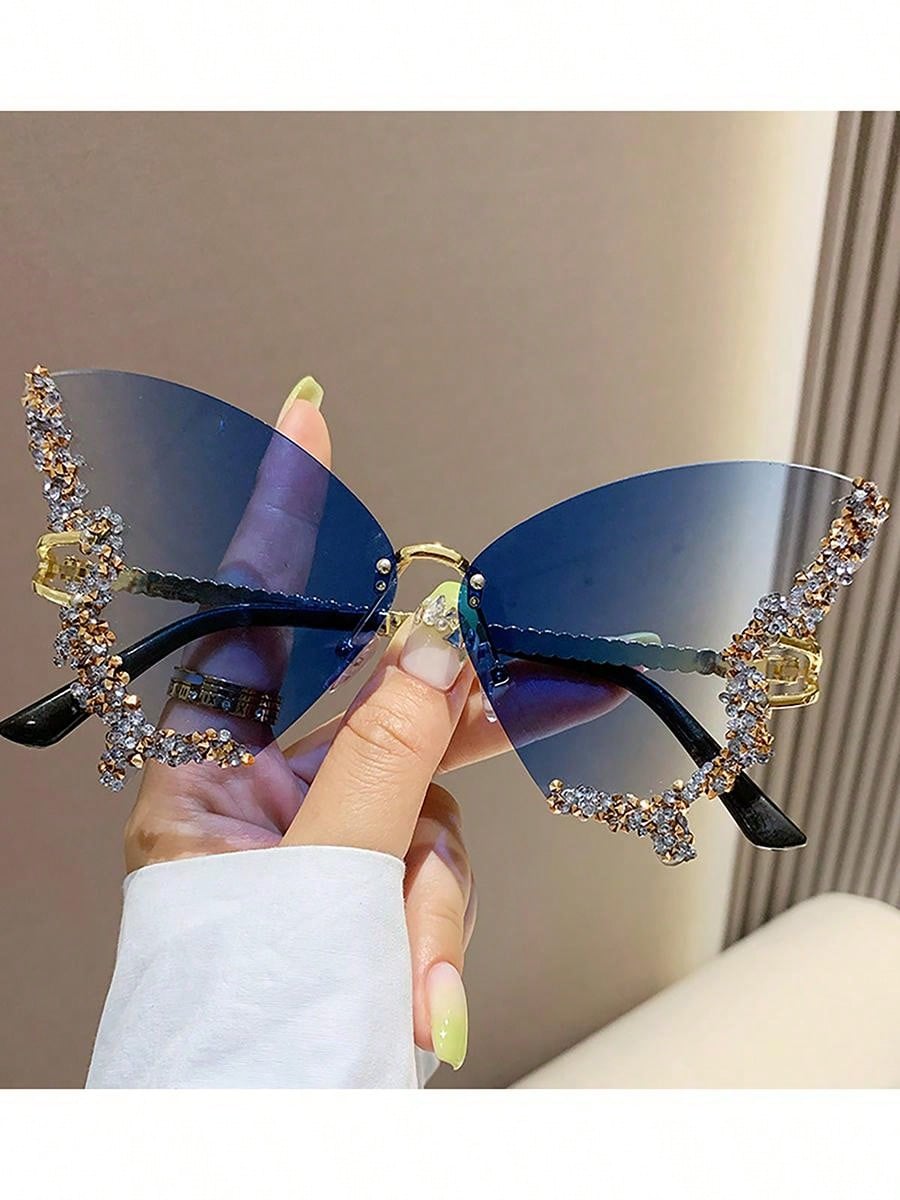 New Luxury Rhinestone Butterfly Fashion Glasses For Women And Men Y2K Sparkling Rhinestone Rimless Fashion Glasses Beach Accessories For Women Glasses Shades Trendy Basics Fall Winter Women Outfits Clothes Business Casual Gifts