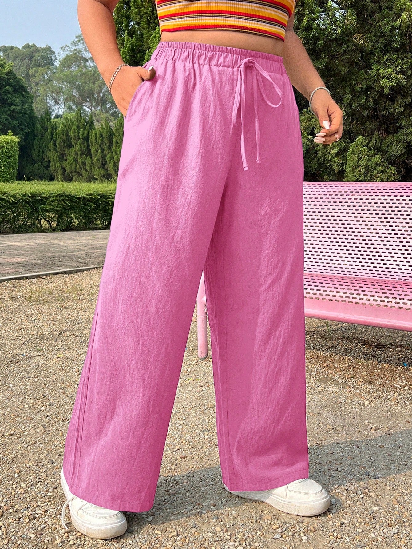 EZwear Plus Size Summer Solid Color Casual Pants With Pockets And Tie Knot