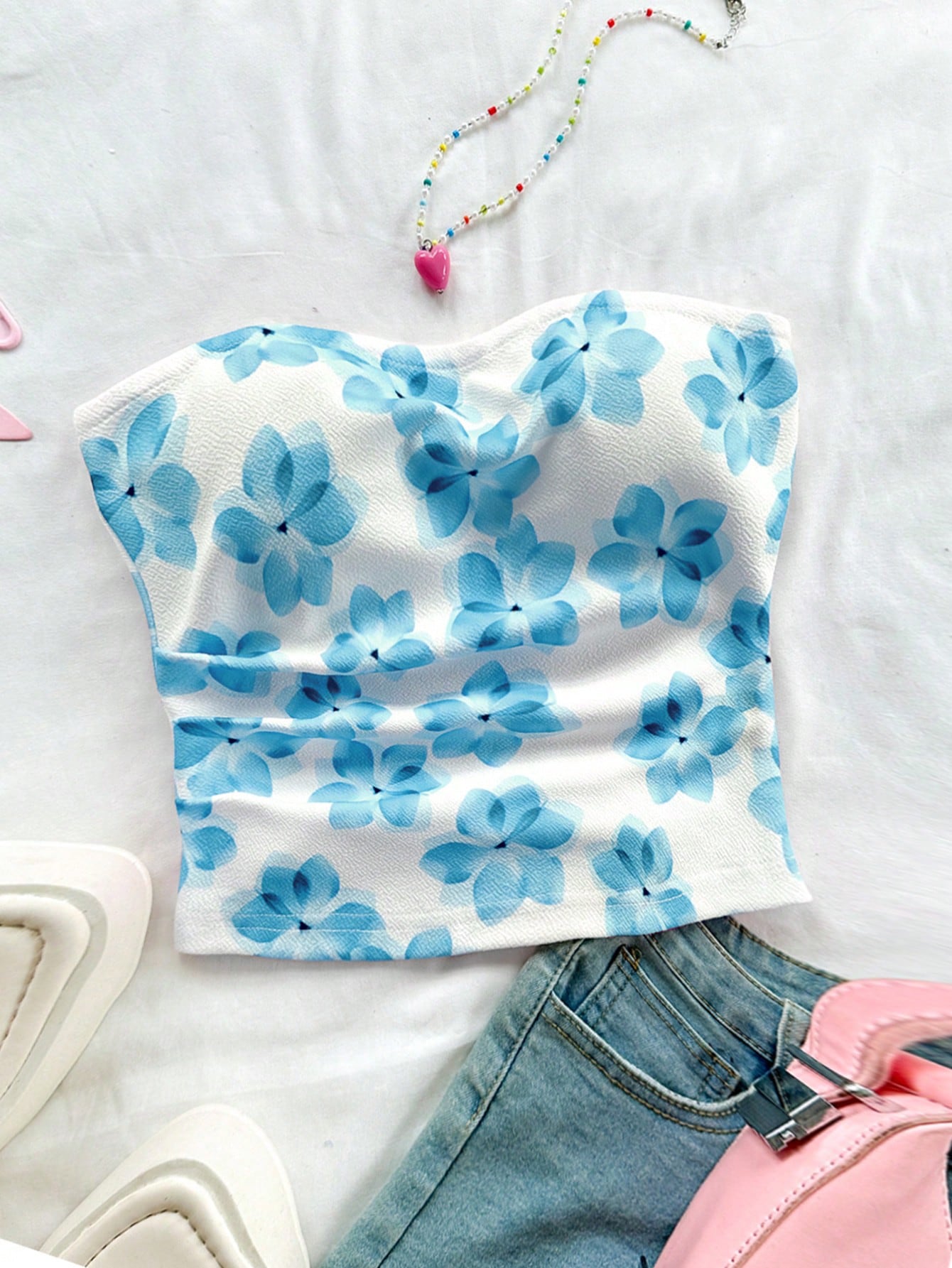 WYWH Women's Resort Blue & White  Floral Print Tube Top, Fashionable Autumn/Winter