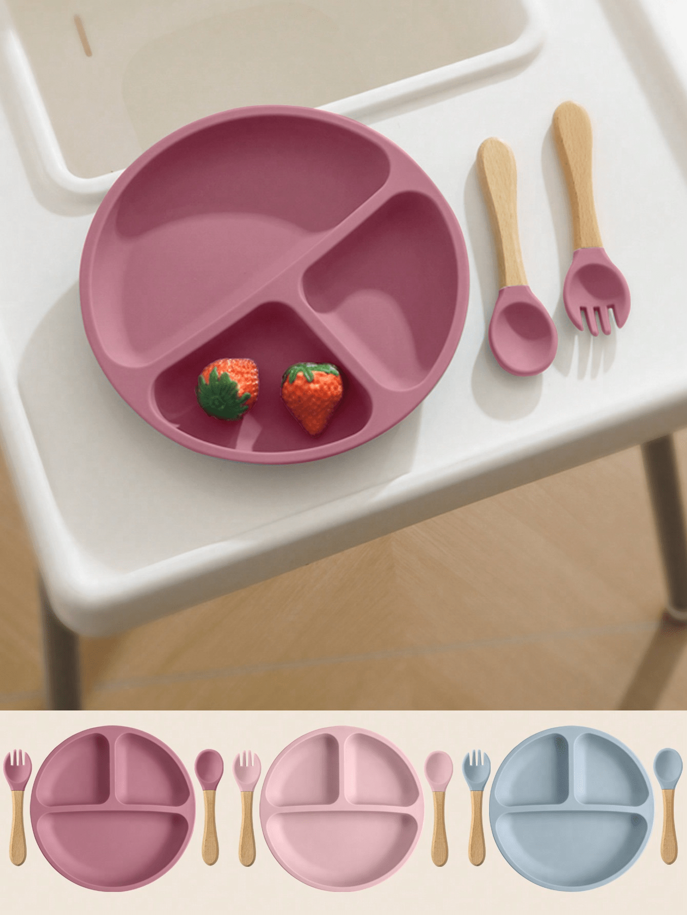 PopLittleOne 3PCS Silicone Baby Tableware Suction Feeding Dishes Wooden Handle Fork Spoon Training Sets For Children Baby Meal Tray