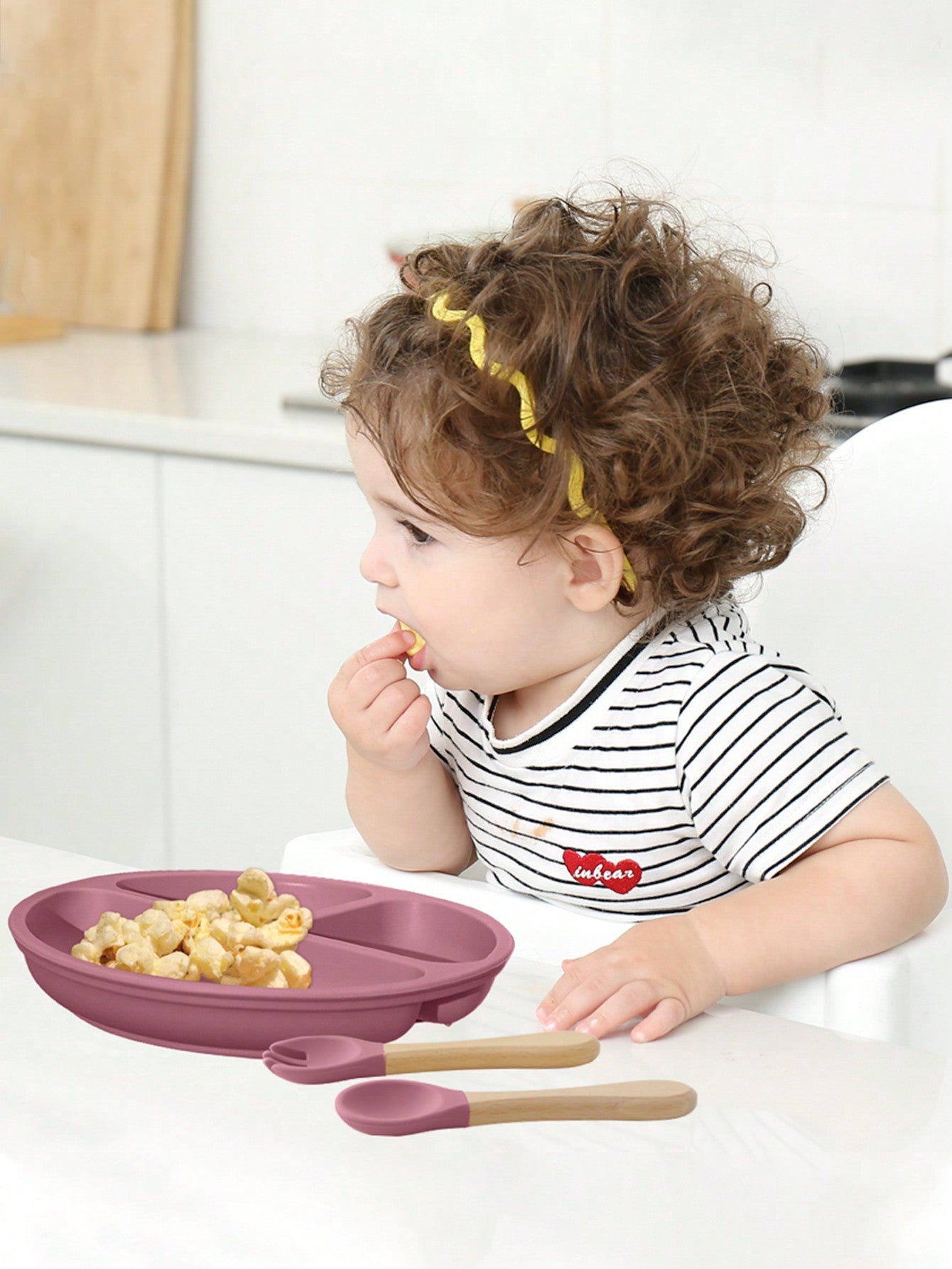 PopLittleOne 3PCS Silicone Baby Tableware Suction Feeding Dishes Wooden Handle Fork Spoon Training Sets For Children Baby Meal Tray