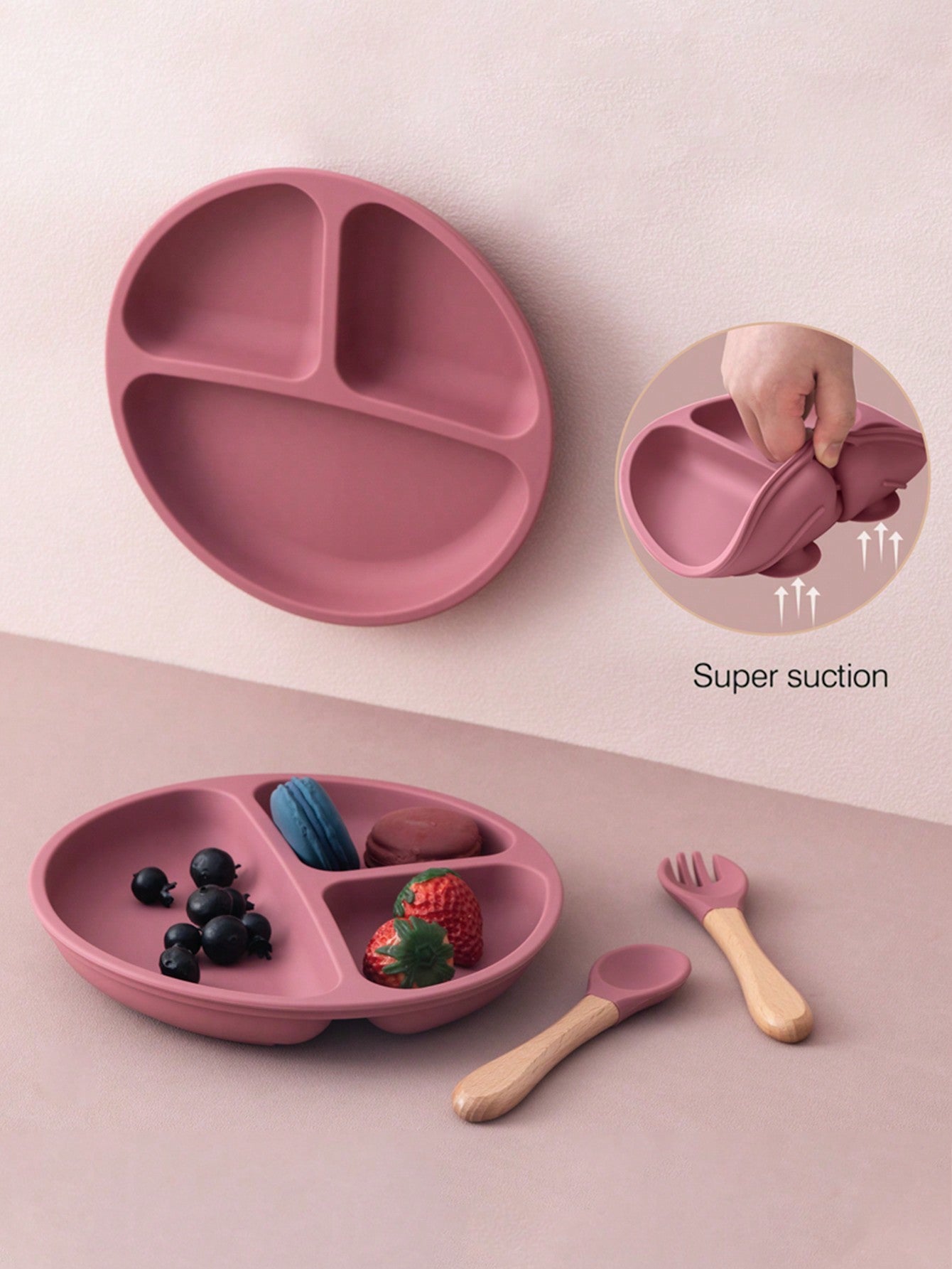 PopLittleOne 3PCS Silicone Baby Tableware Suction Feeding Dishes Wooden Handle Fork Spoon Training Sets For Children Baby Meal Tray