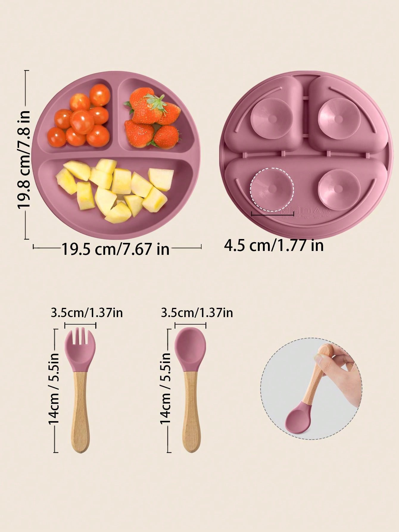 PopLittleOne 3PCS Silicone Baby Tableware Suction Feeding Dishes Wooden Handle Fork Spoon Training Sets For Children Baby Meal Tray