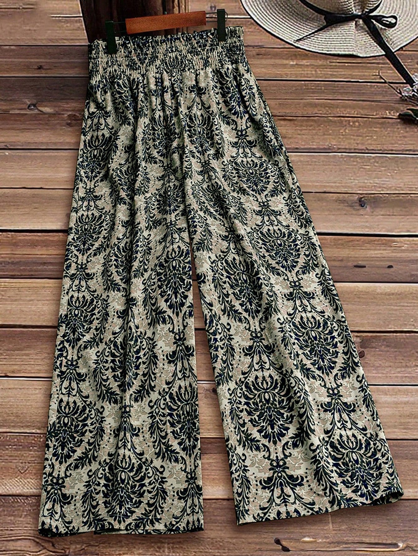 LUNE Plus Size Women's Vacation High Waisted Plant Printed Wide Leg Pants