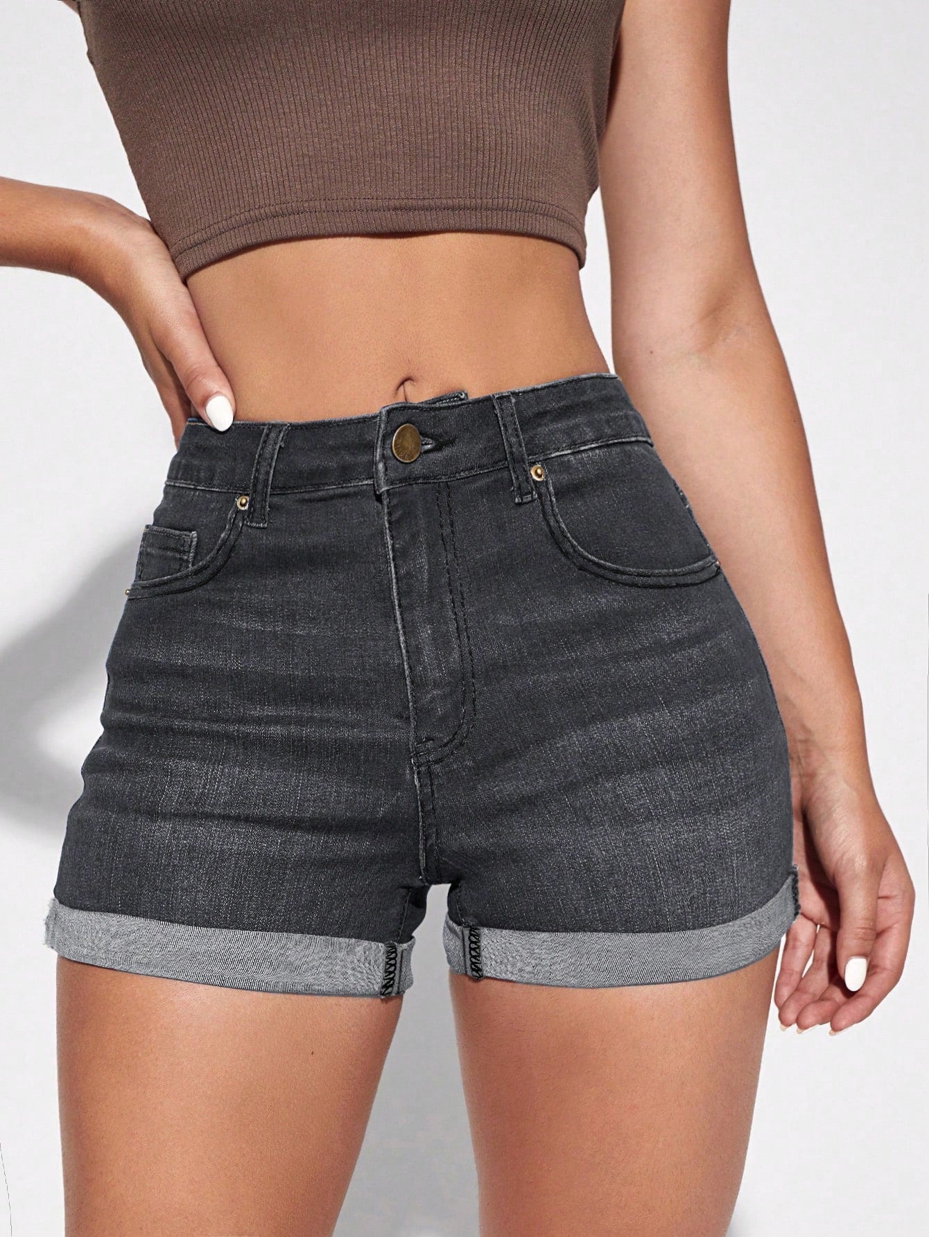 Essnce Zipper Fly Cuffed Hem Denim Shorts