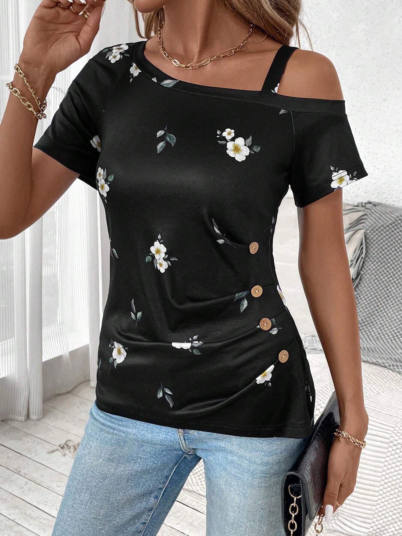 SHEIN Clasi Women's Summer Oblique Shoulder Ruffle Button Floral Printed Short Sleeve T-Shirt