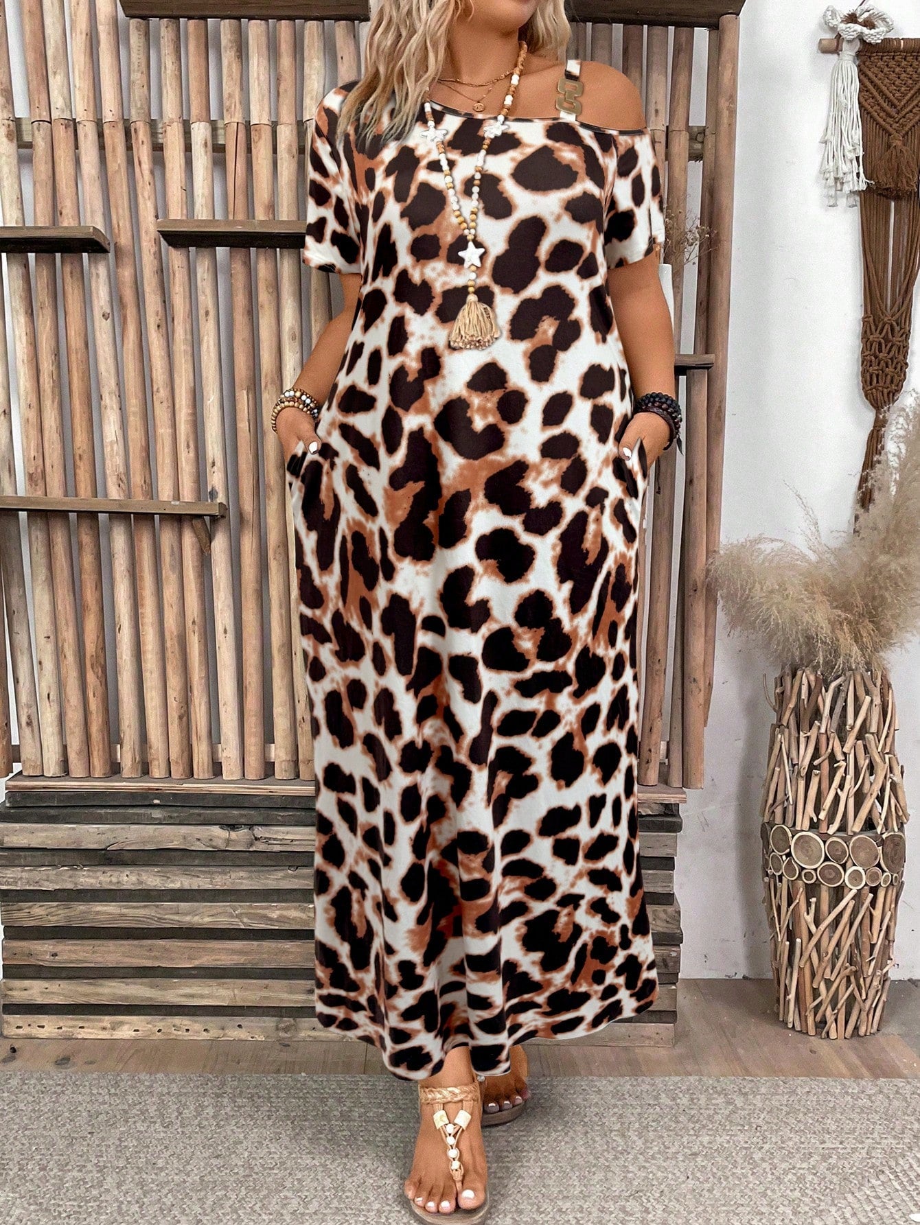 LUNE Plus Size Leopard Print Asymmetrical Neckline Short Sleeve Loose Elegant Soft Split Dress With Oblique-Shoulder Design