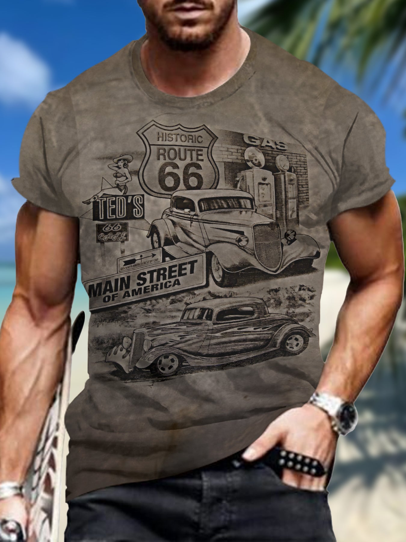 Men's Car Graphic Print T-shirt, Short Sleeve Crew Neck Tee, Men's Clothing For Summer Outdoor