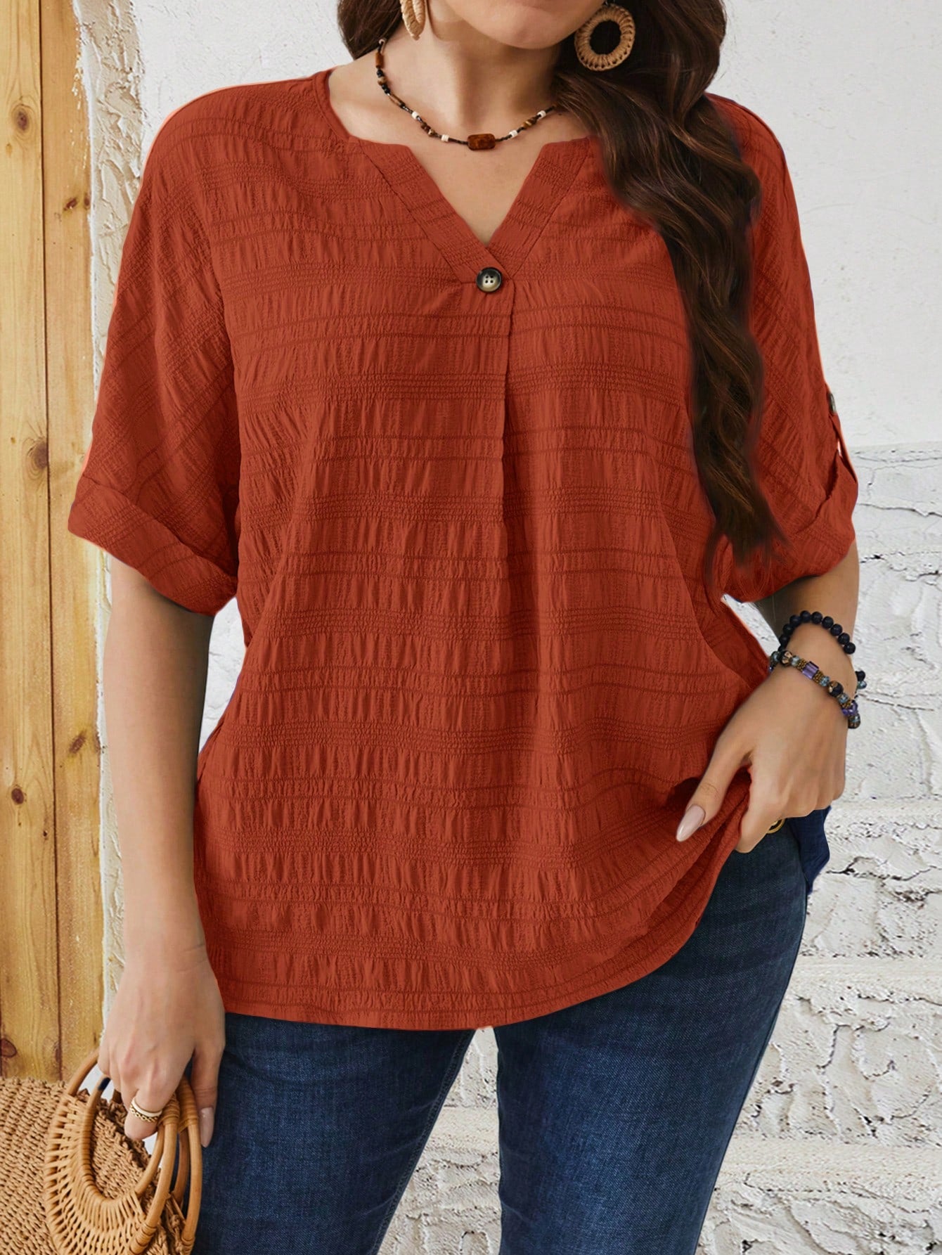 EMERY ROSE Plus Size Relaxed Fit Casual Button Down Shirt With Notched V-Neck And Batwing Sleeves