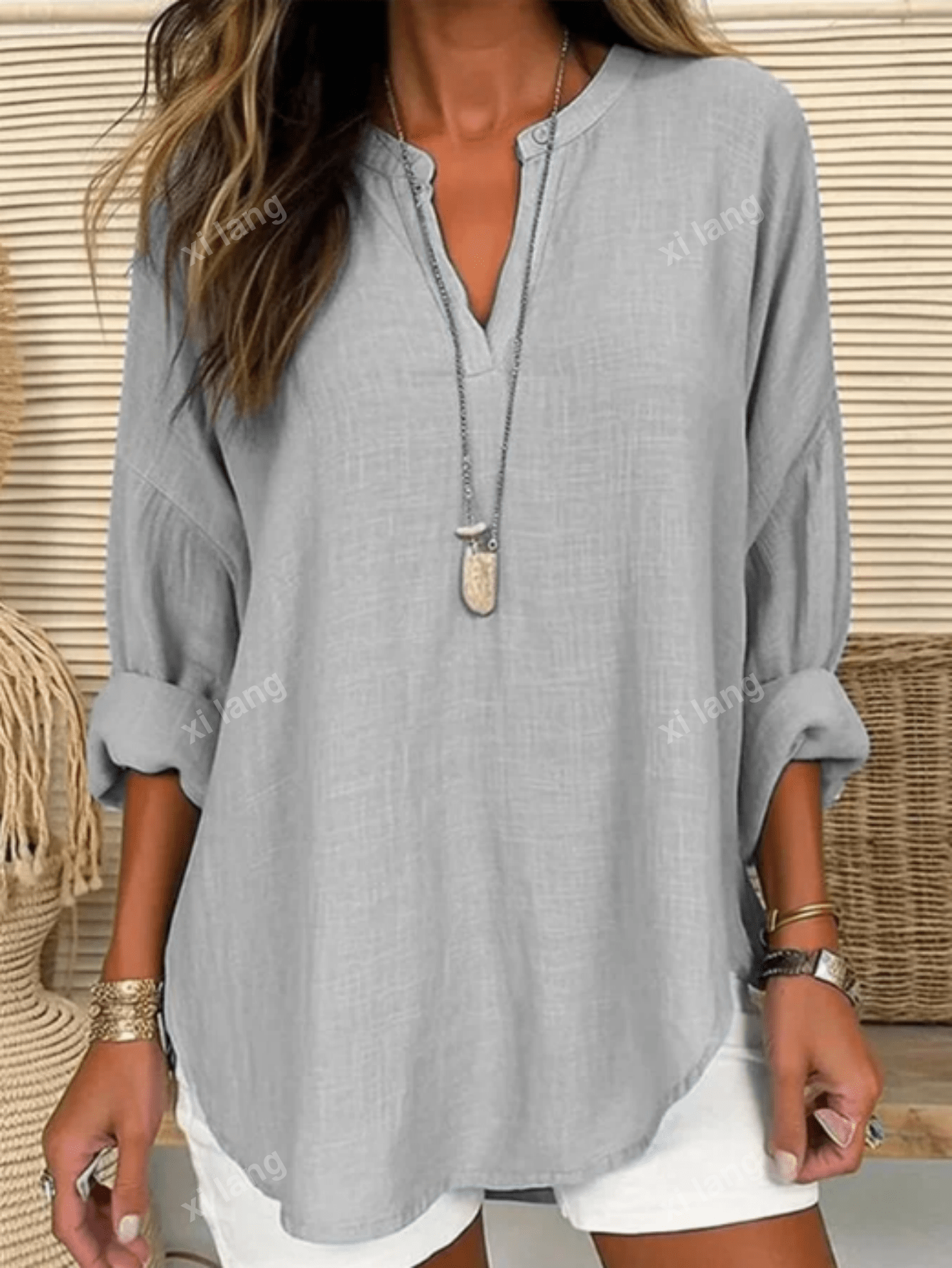 Women's V-Neck Roll Sleeve Solid Color Casual Loose Shirt