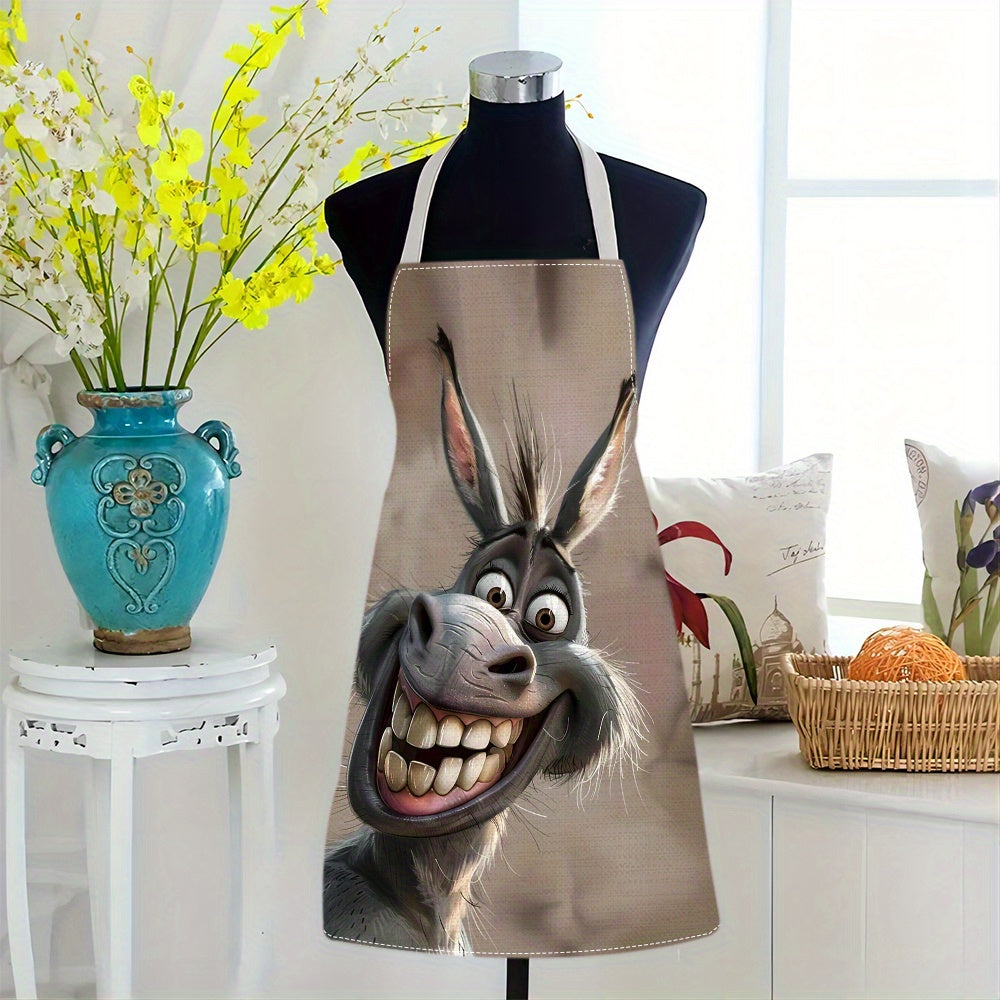 1PC Funny Donkey Print Linen Kitchen Apron - Woven 100% Linen Cooking Apron with Adjustable Neck for Home, Work, and Parties - Breathable, Oil-Proof Unisex Sleeveless Apron for Adults