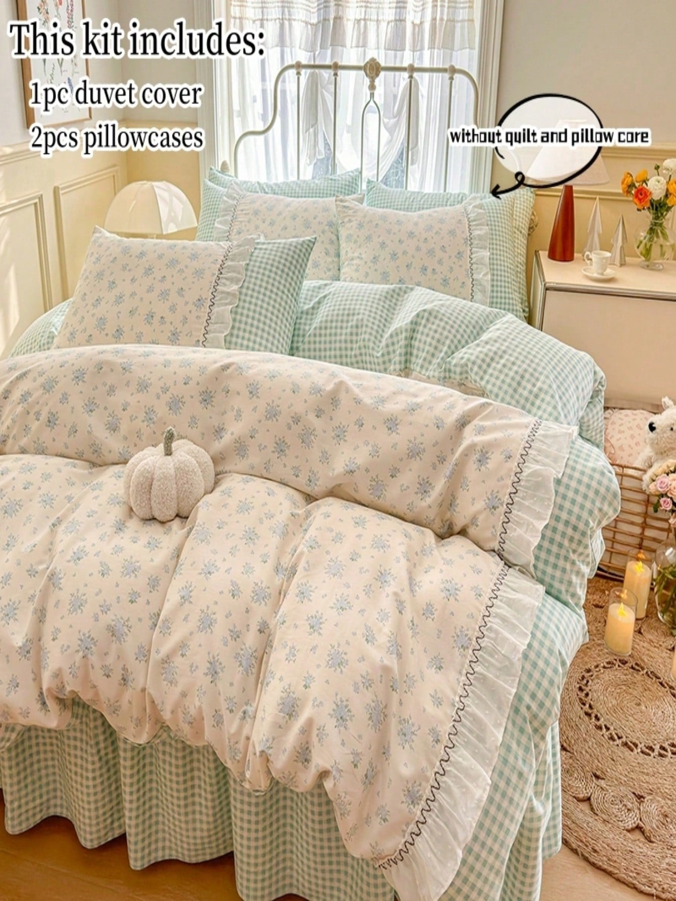 3pcs Bedding Set Korean Style Lace Trim Duvet Cover