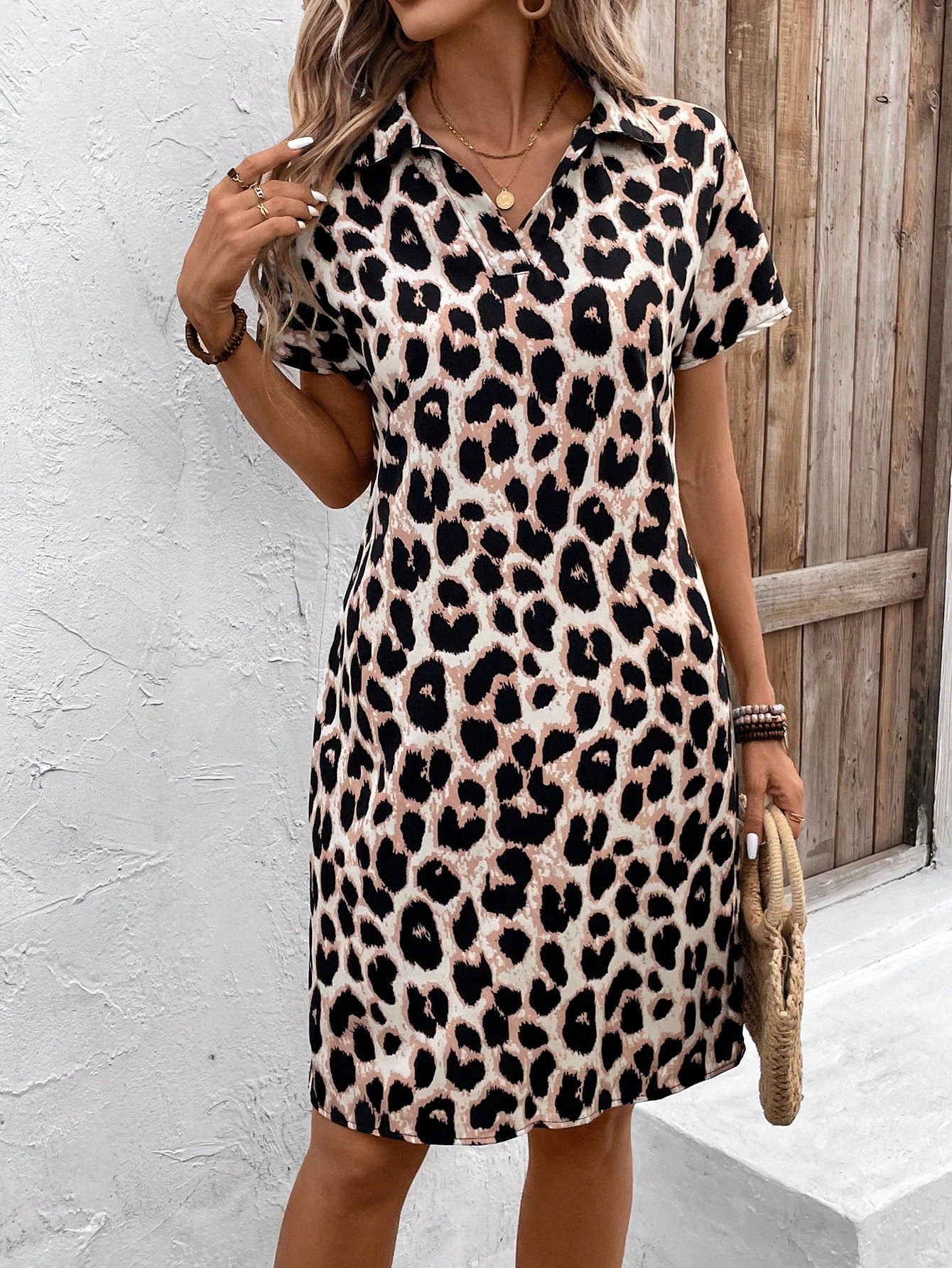 EMERY ROSE Leopard Print Casual Batwing Sleeve Dress, Summer