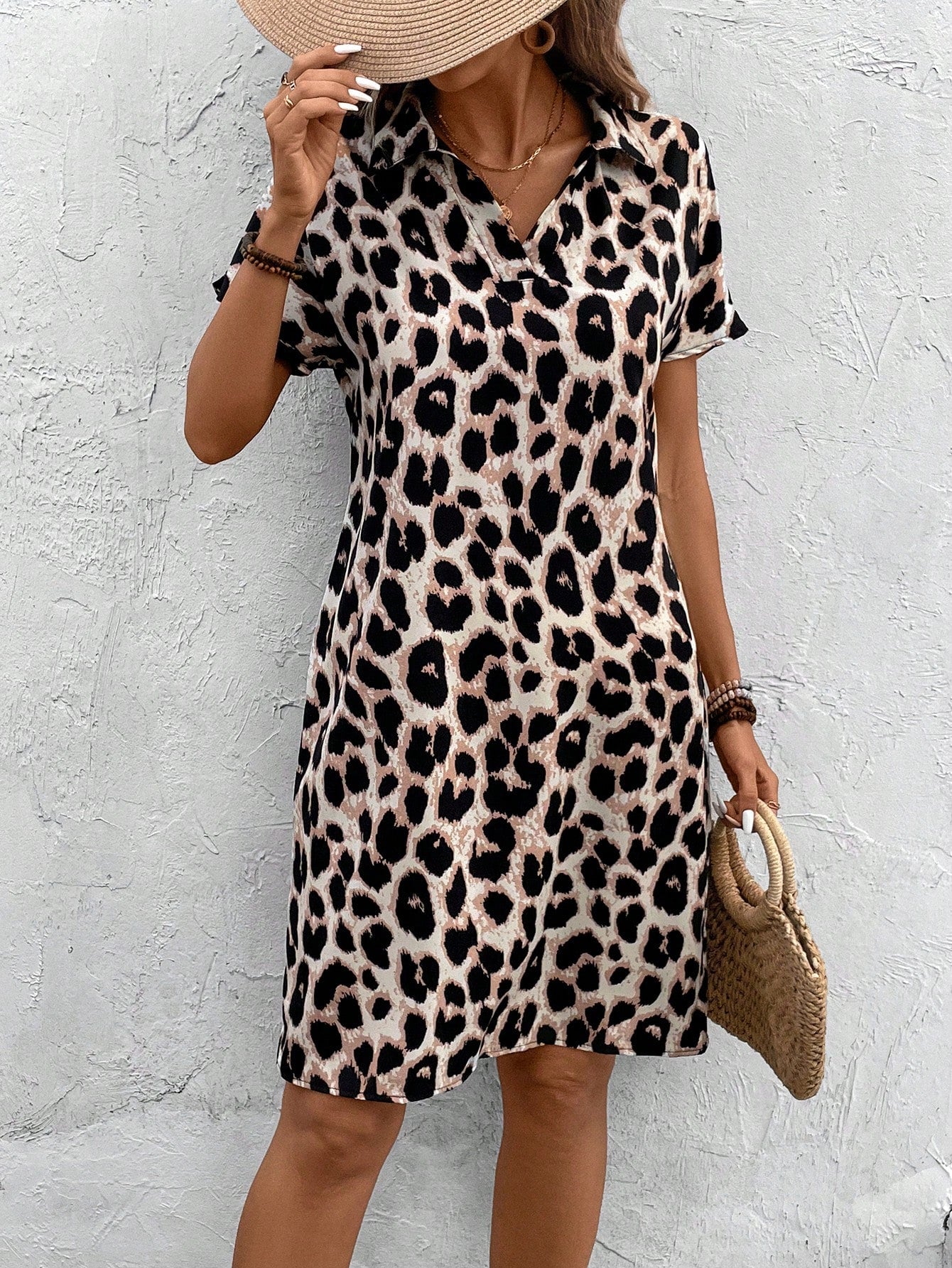 EMERY ROSE Leopard Print Casual Batwing Sleeve Dress, Summer