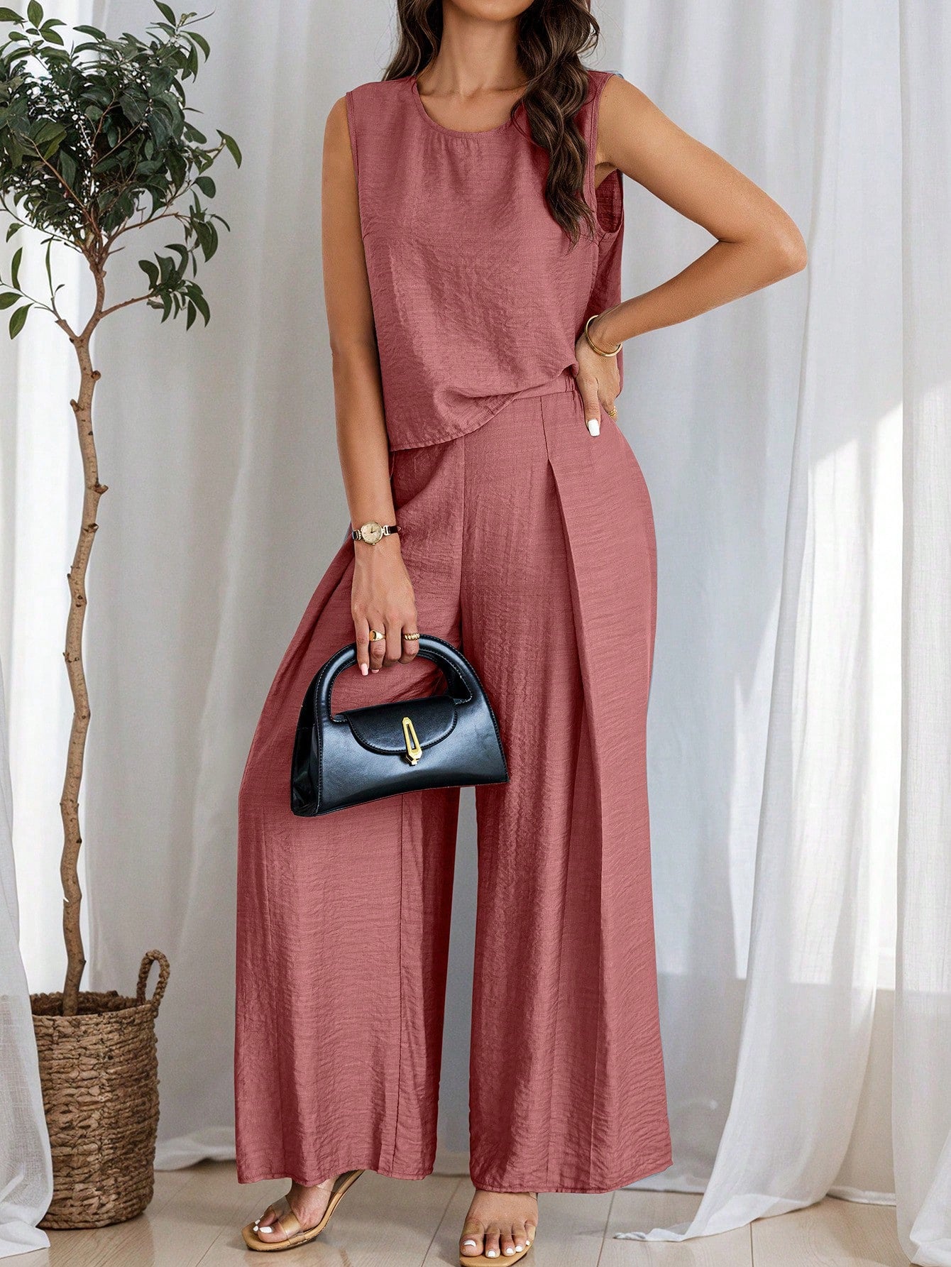 EMERY ROSE Women's Summer Solid Color Round Neck Top And Pleated Wide Leg Casual Casual Two-Piece Set