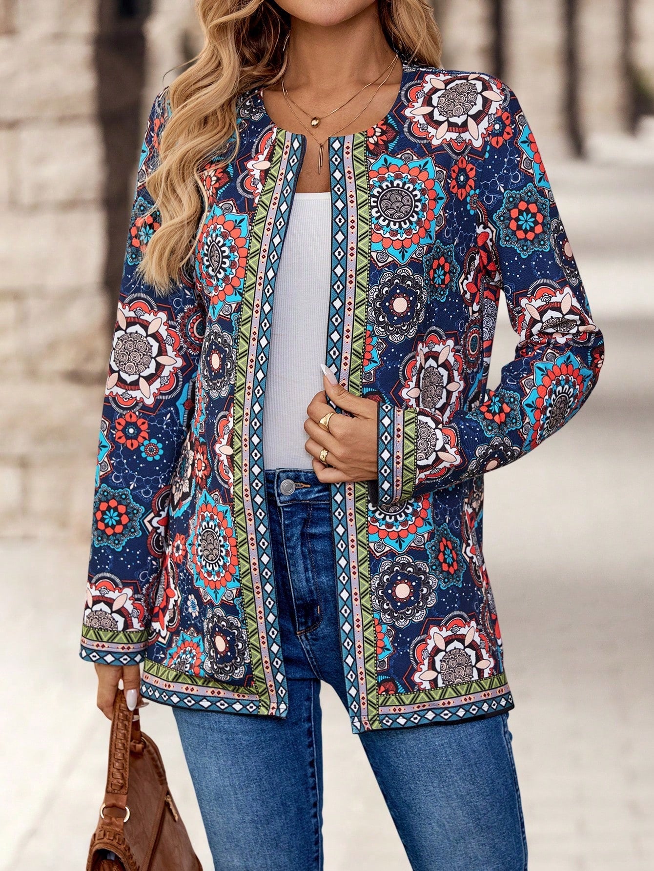 EMERY ROSE Women's Retro Printed Jacket Padded Coat Fall Jackets Fall Women Clothes, Ladies Spring/Fall Boho Regular Sleeve Regular Fit Multicolor All Over Print, Retro Women Coats, Casual Daily Wear