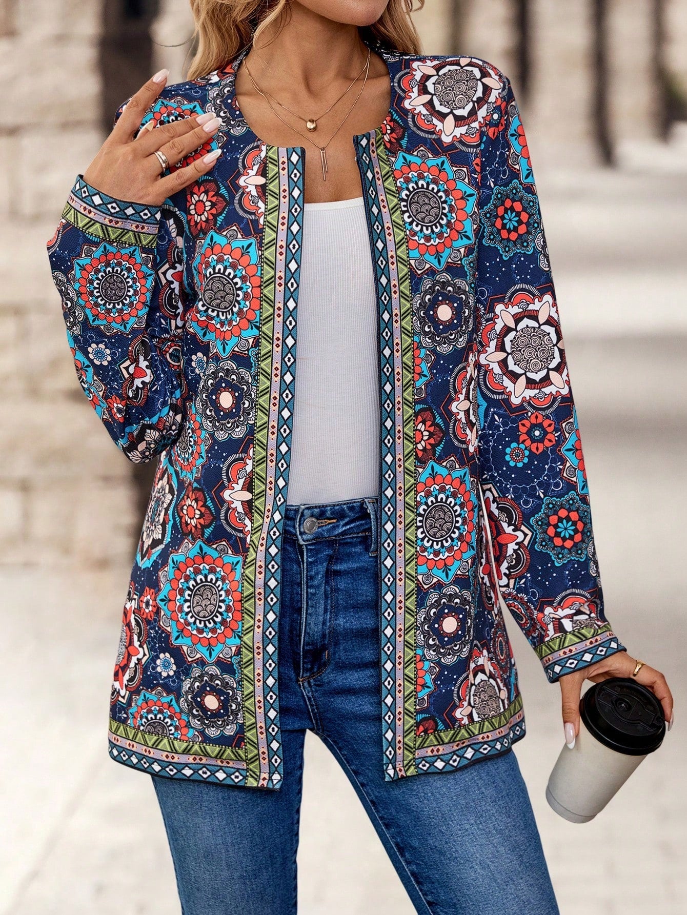 EMERY ROSE Women's Retro Printed Jacket Padded Coat Fall Jackets Fall Women Clothes, Ladies Spring/Fall Boho Regular Sleeve Regular Fit Multicolor All Over Print, Retro Women Coats, Casual Daily Wear