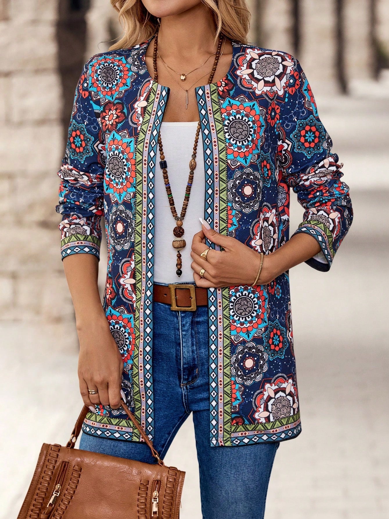 EMERY ROSE Women's Retro Printed Jacket Padded Coat Fall Jackets Fall Women Clothes, Ladies Spring/Fall Boho Regular Sleeve Regular Fit Multicolor All Over Print, Retro Women Coats, Casual Daily Wear