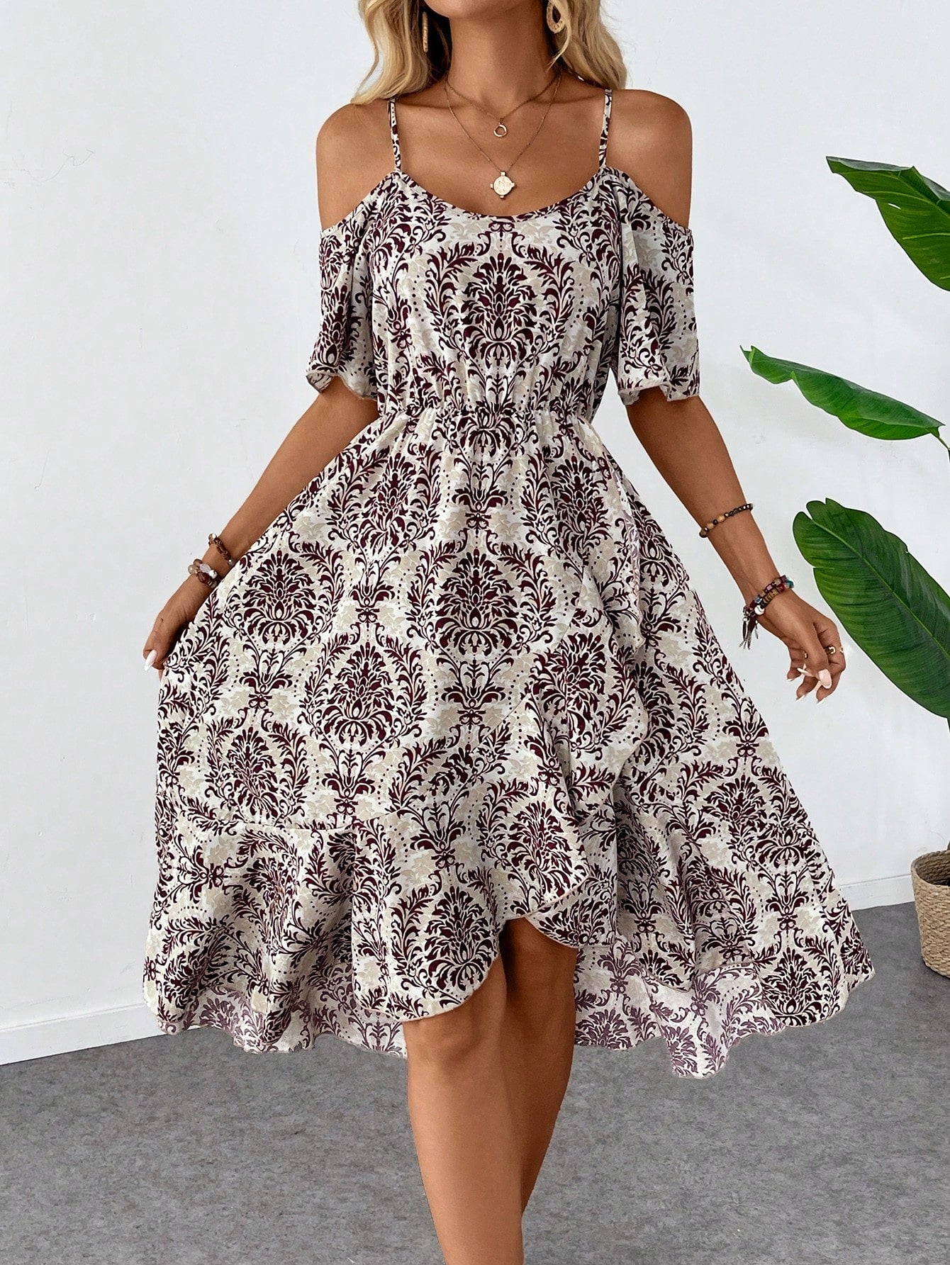 Allover Print Cold Shoulder Ruffle Hem Dress