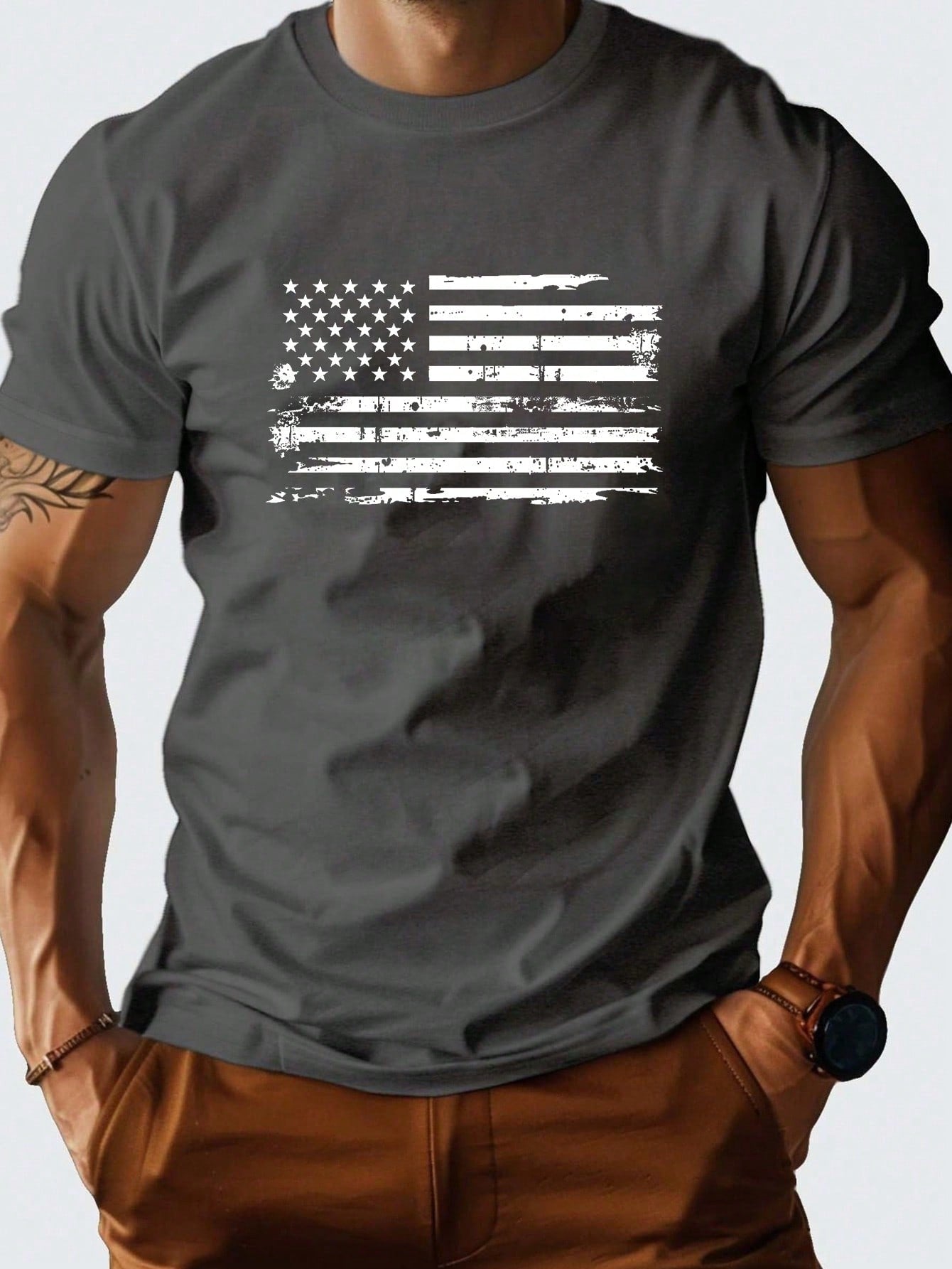 Manfinity Homme Men's Summer Casual Round Neck T-Shirt With American Flag Print