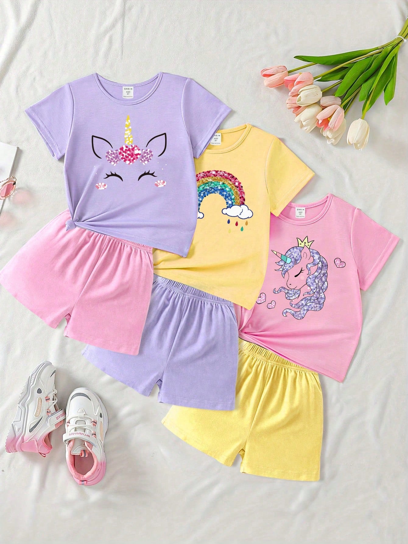 3pcs/Set Young Girl Fashionable And Cute Cartoon Unicorn Rainbow Pattern Printed Short Sleeve T-Shirt And Shorts Set