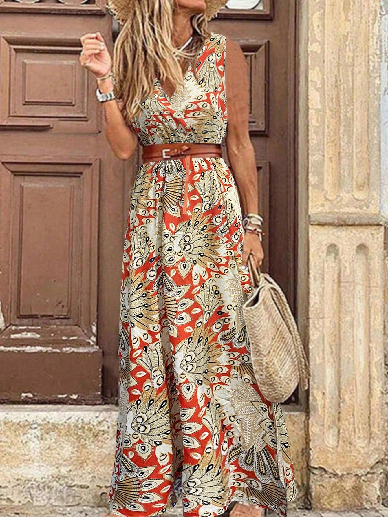 LUNE V-Neck Wrap Front All-Over Print Tank Dress