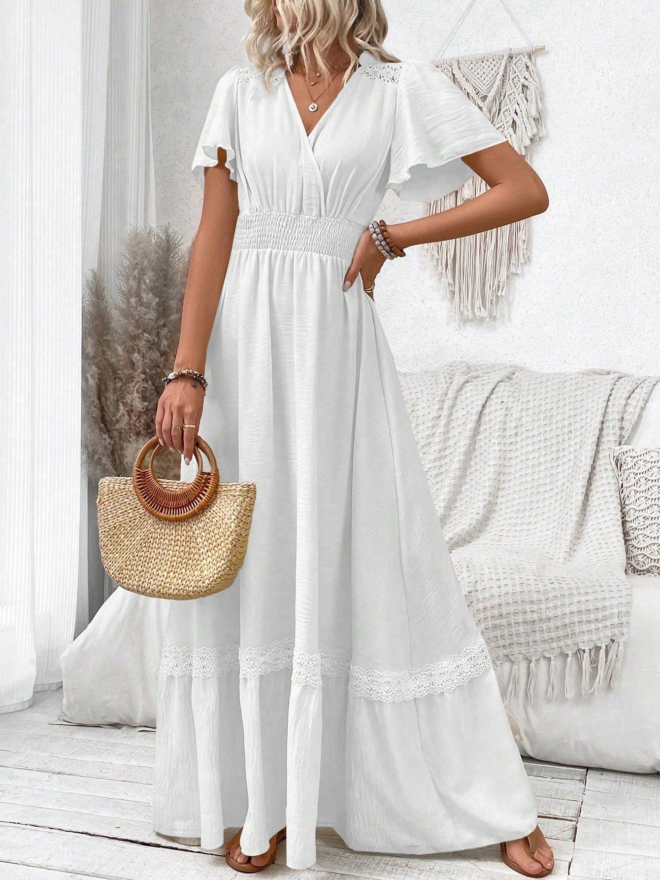 LUNE V-Neck Ruffle Sleeve Solid Color Vacation Style Spring/Summer Dress