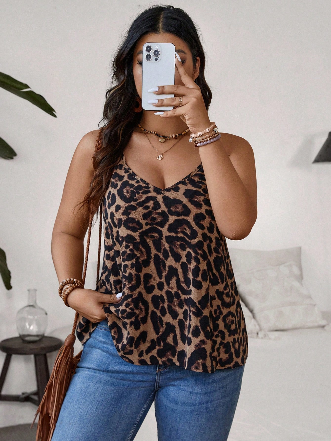 VCAY Plus Size Leopard Print Double Strap Vacation Tank Top Autumn Winter Fashion New Arrival, French Style Women Top, Trendy, Bell Sleeves, Party, Back To School, American Long Shirt, Stylish, Front Tie, Teacher Outfit, Old Money Style, Commute, Minima