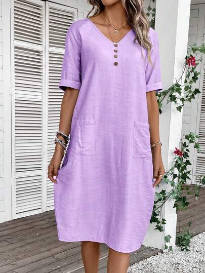 LUNE Women Summer Vacation V-Neck Short Sleeve Pocketed Dress