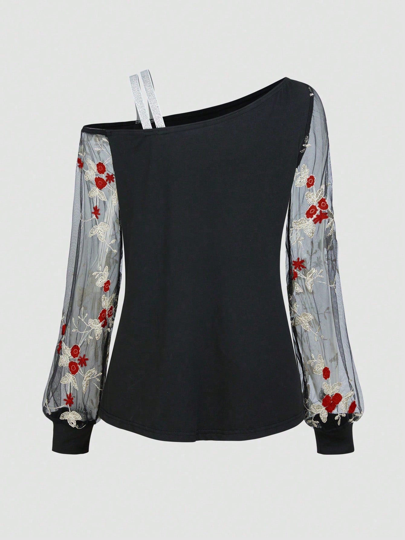 LUNE Ladies' Spring/Summer Floral Embroidery Asymmetrical Mesh Casual Top