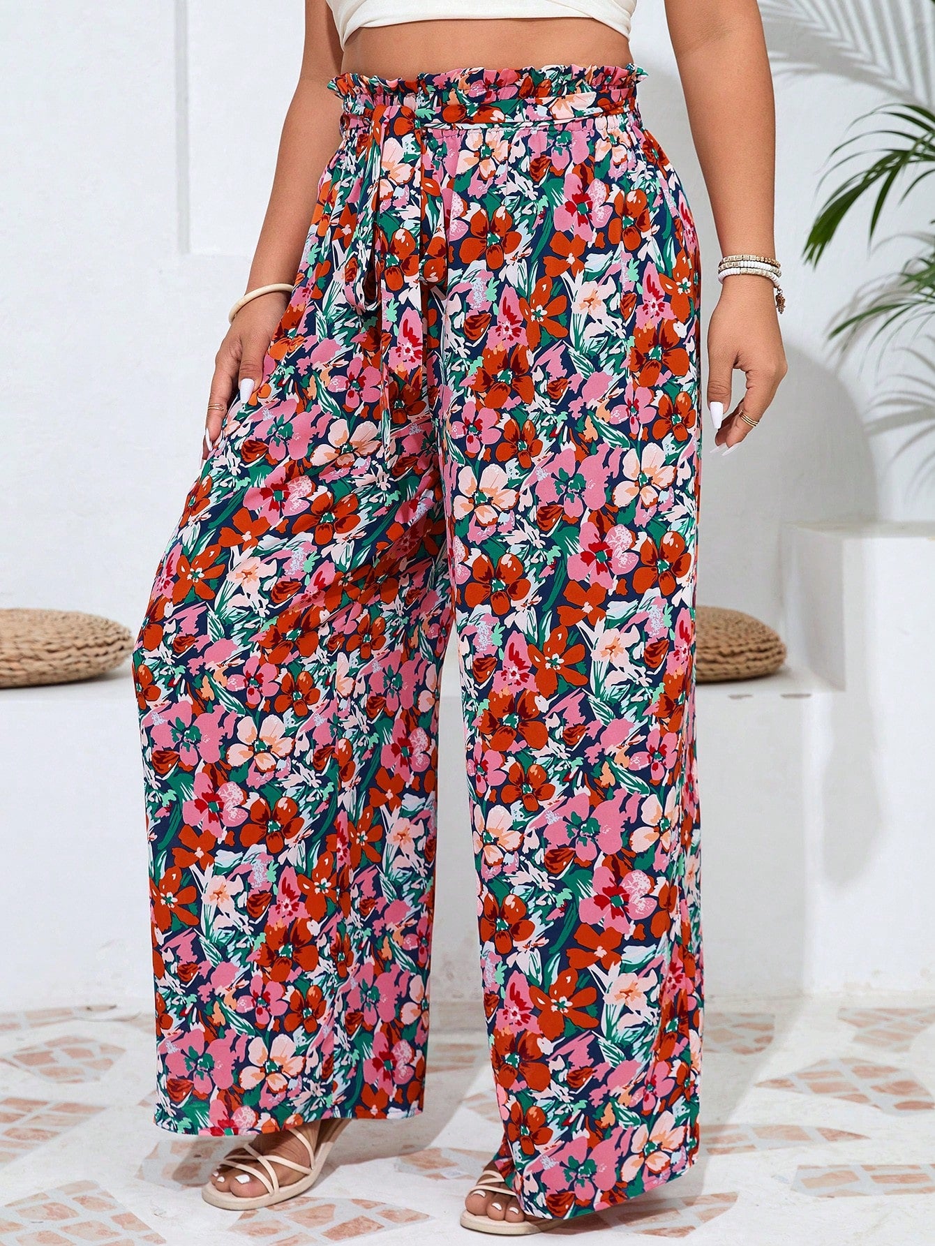 Frenchy Plus Size Women's Hawaiian Random Printed Casual Daily Pants