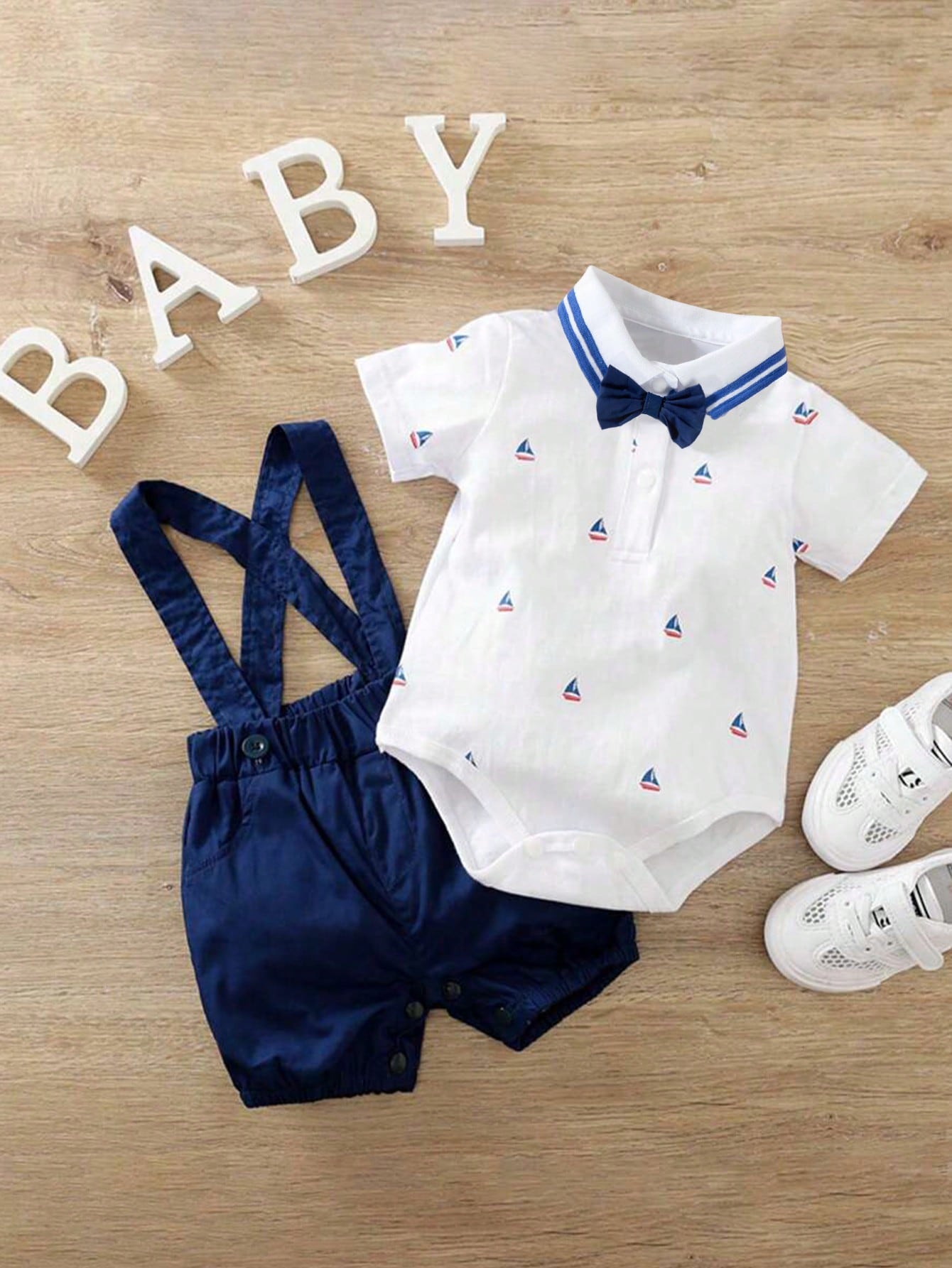 H HIBOBI 2pcs/Set Spring Summer Baby Boy Short Sleeve Navy Gentleman Style Casual Suspenders Shorts Outfit