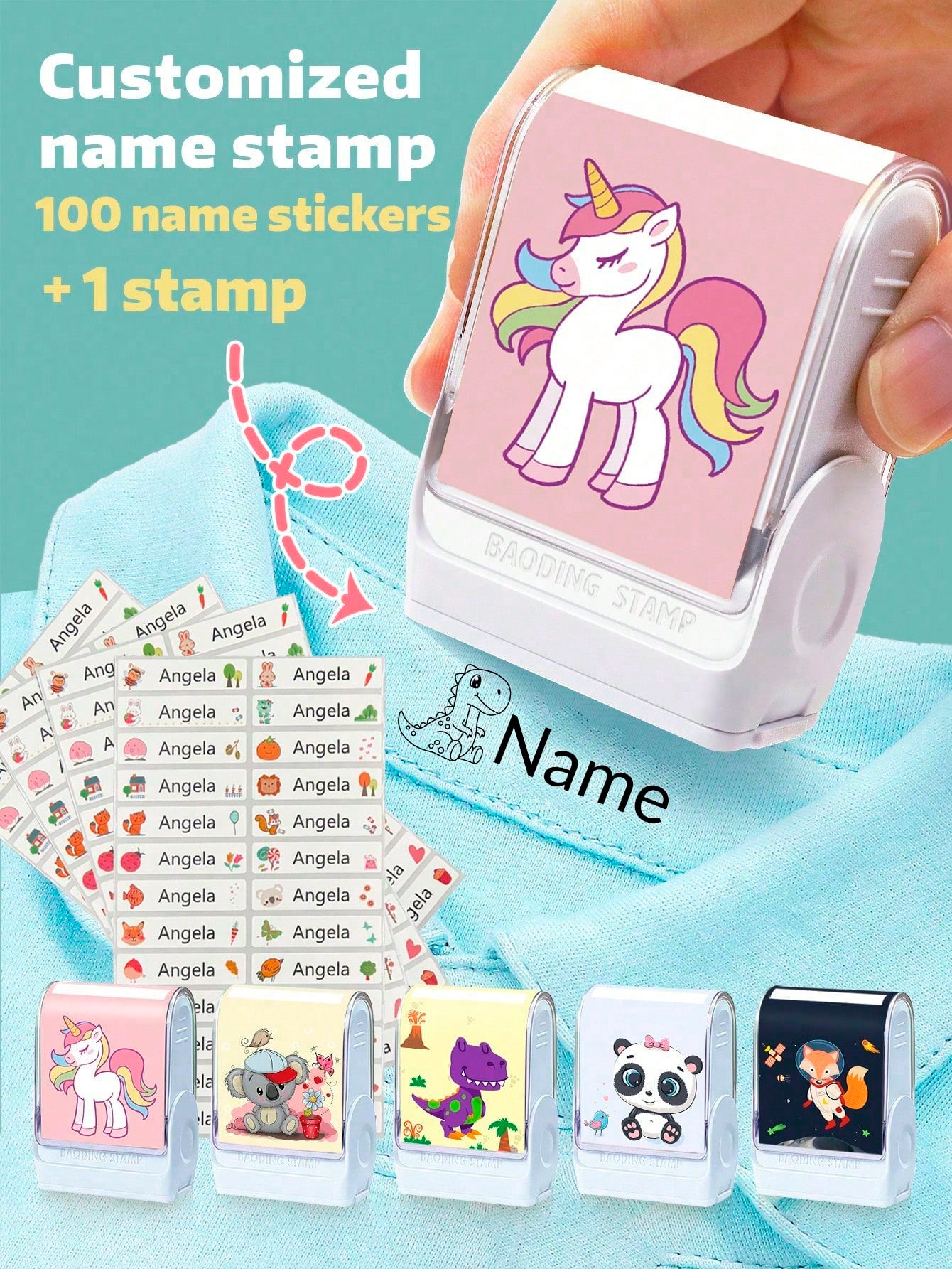 100pcs Personalized Name Stickers And 1pc Custom Name Stamp For Kids Clothing Waterproof The Name Stamp Personalized For Clothes ,Handwritten Signature Stamp,Personalized Clothing Stamps For Clothes, DIY Customized Cartoon Self Inking Name Seal Stamp For