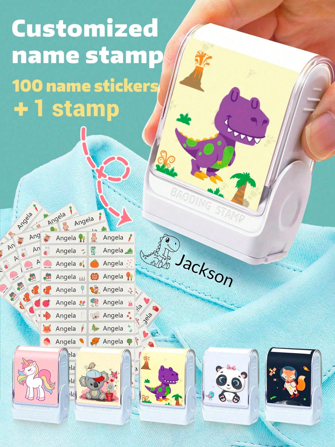 100pcs Personalized Name Stickers And 1pc Custom Name Stamp For Kids Clothing Waterproof The Name Stamp Personalized For Clothes ,Handwritten Signature Stamp,Personalized Clothing Stamps For Clothes, DIY Customized Cartoon Self Inking Name Seal Stamp For